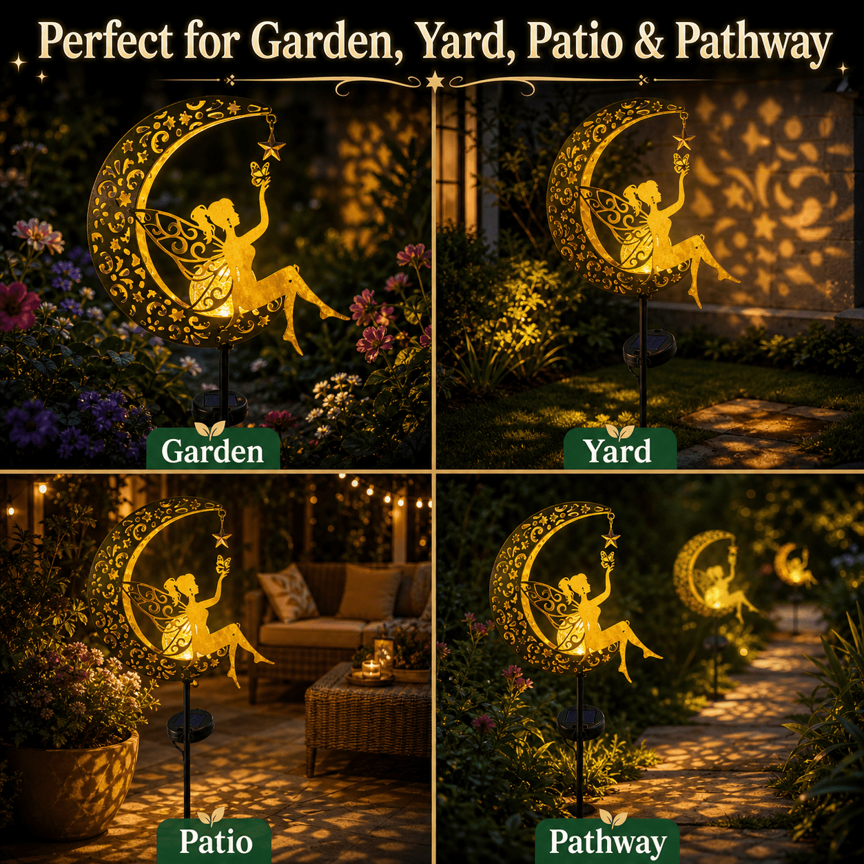 Mehoom Moon Fairy Solar Garden Lights, Decorative Outdoor Pathway Lighting (Gold, 32 in) nv92e
