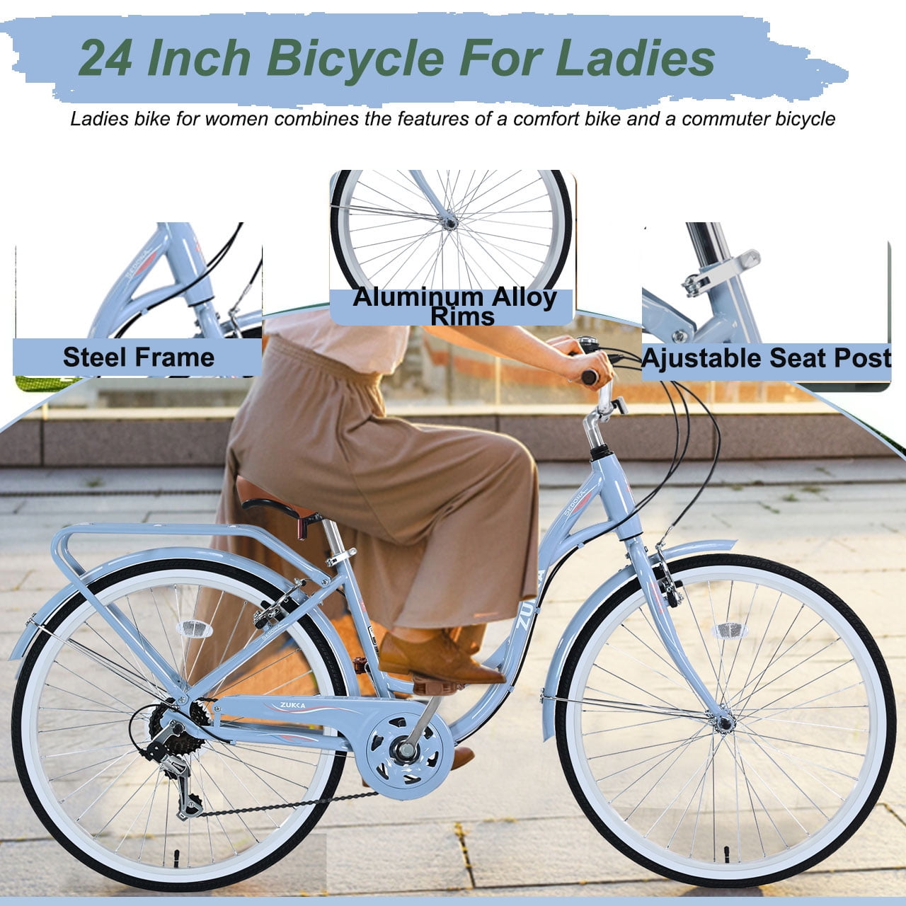 Aezusy Womens 24 in 7-Speed Beach Cruiser Bicycle, Commuter City Bike (Blue, 24 in) 8ensy