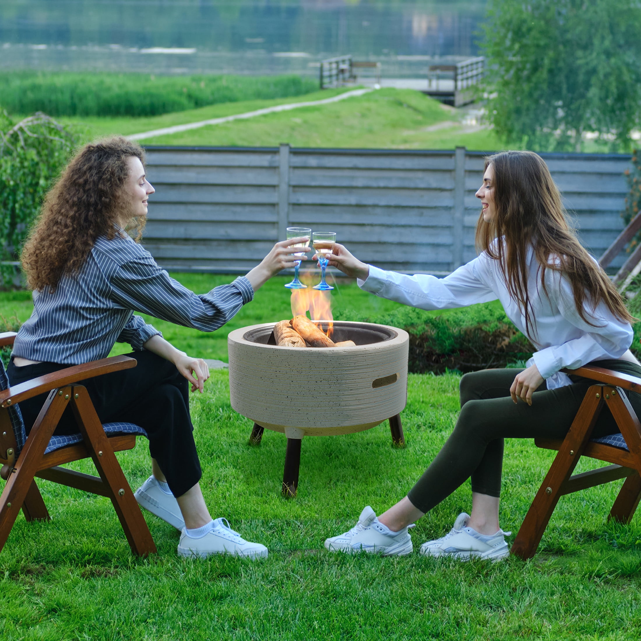 Pure Garden Round Outdoor Wood Burning Fire Pit with Spark Screen and Cover (Light Gray, 21 in) 84k1n