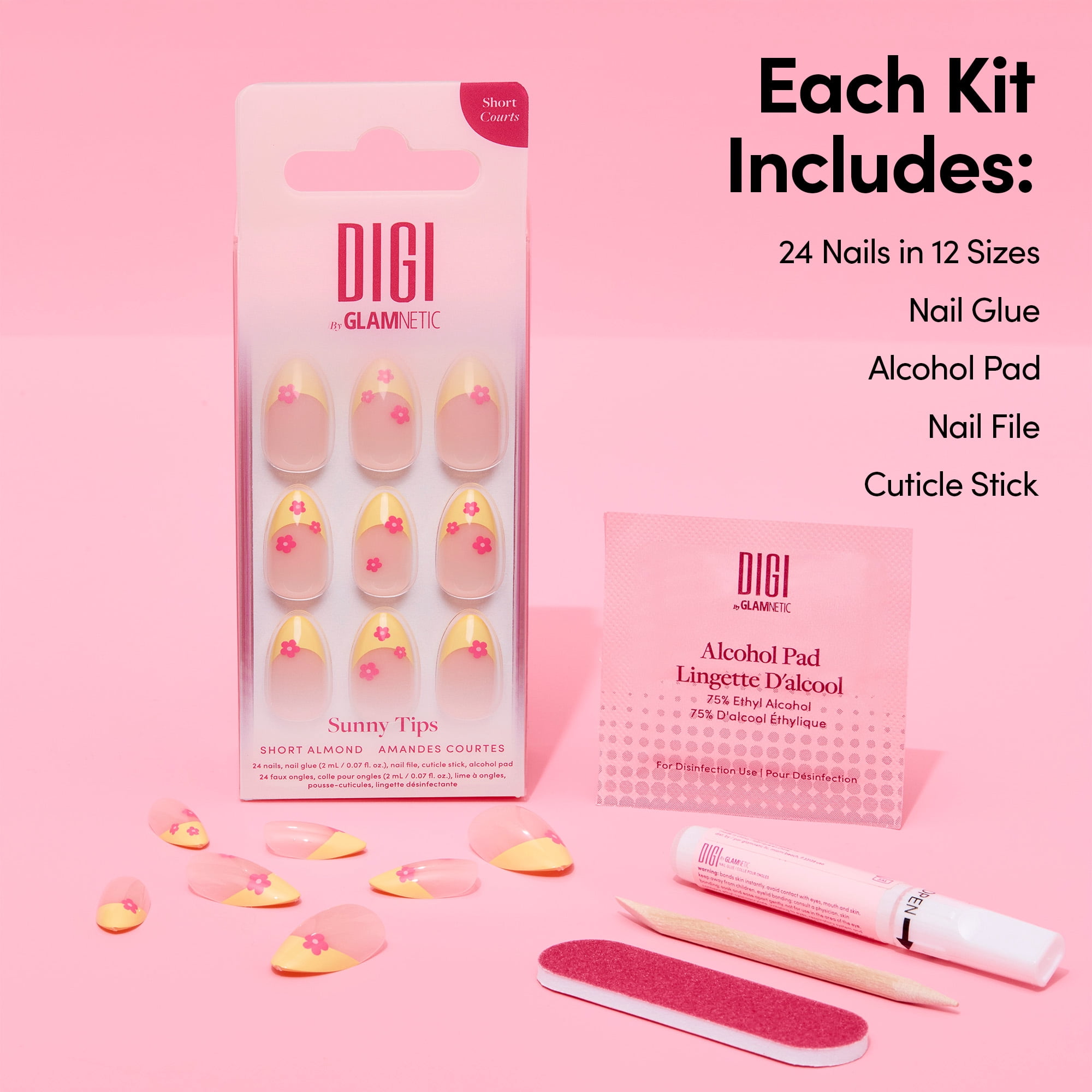 DIGI by Glamnetic Short Almond Press-on Nails, Sunny Tips Yellow French Floral (24 Pieces) nrisp