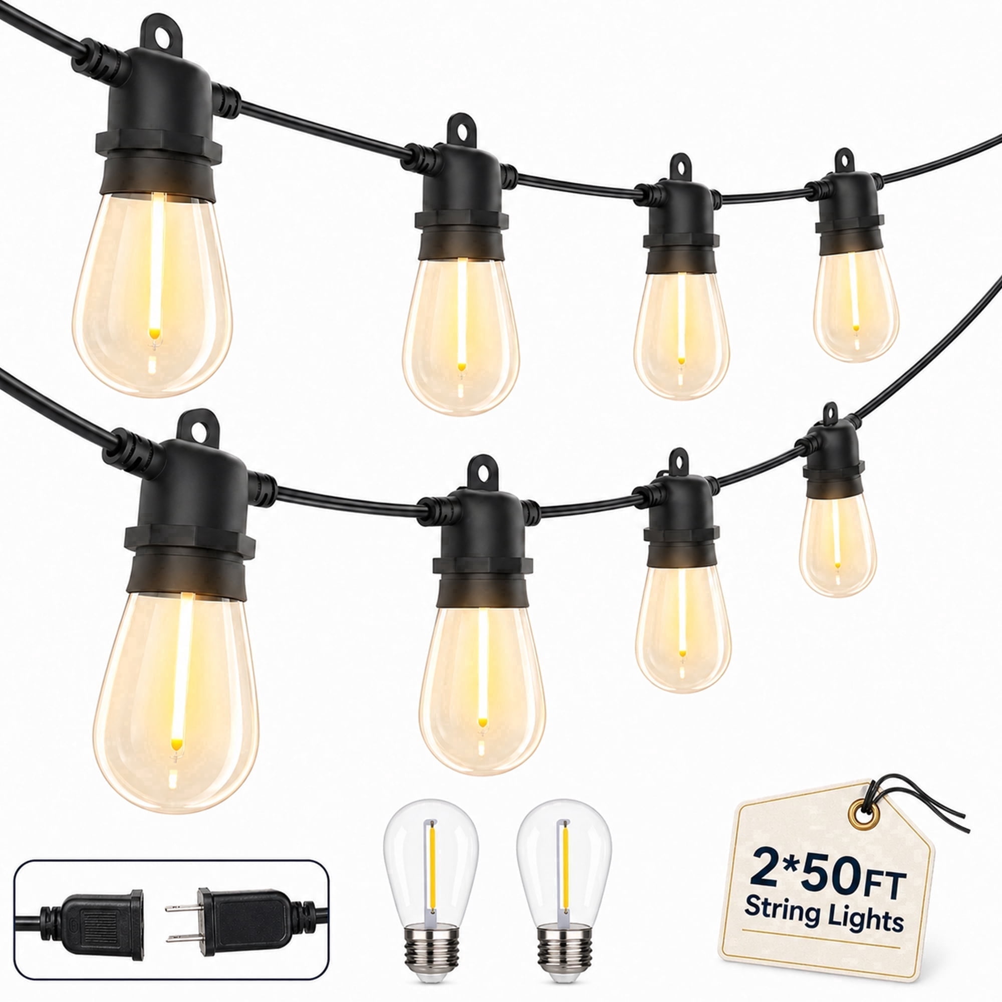 DAYBETTER S14 LED Outdoor String Lights, Waterproof Hanging Edison Bulbs for Patio and Garden (Warm White, 100 ft) x6ceb