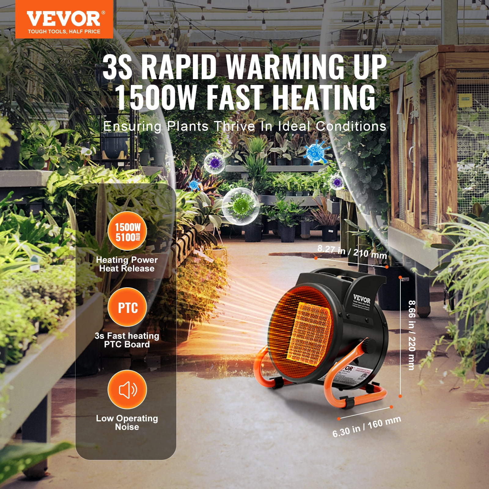 VEVOR Greenhouse Heater with Thermostat, 1500W PTC Electric Fan for Grow Tents and Plant Rooms (Green, 1500W) w8l25