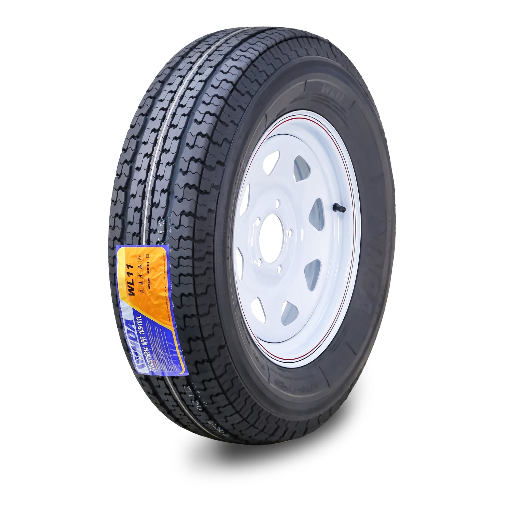 WINDA Trailer Tire and Wheel Assembly ST205/75R14 8-Ply Load Range D (White Spoke Rim, 5 Lug on 4.5 in) mem1j