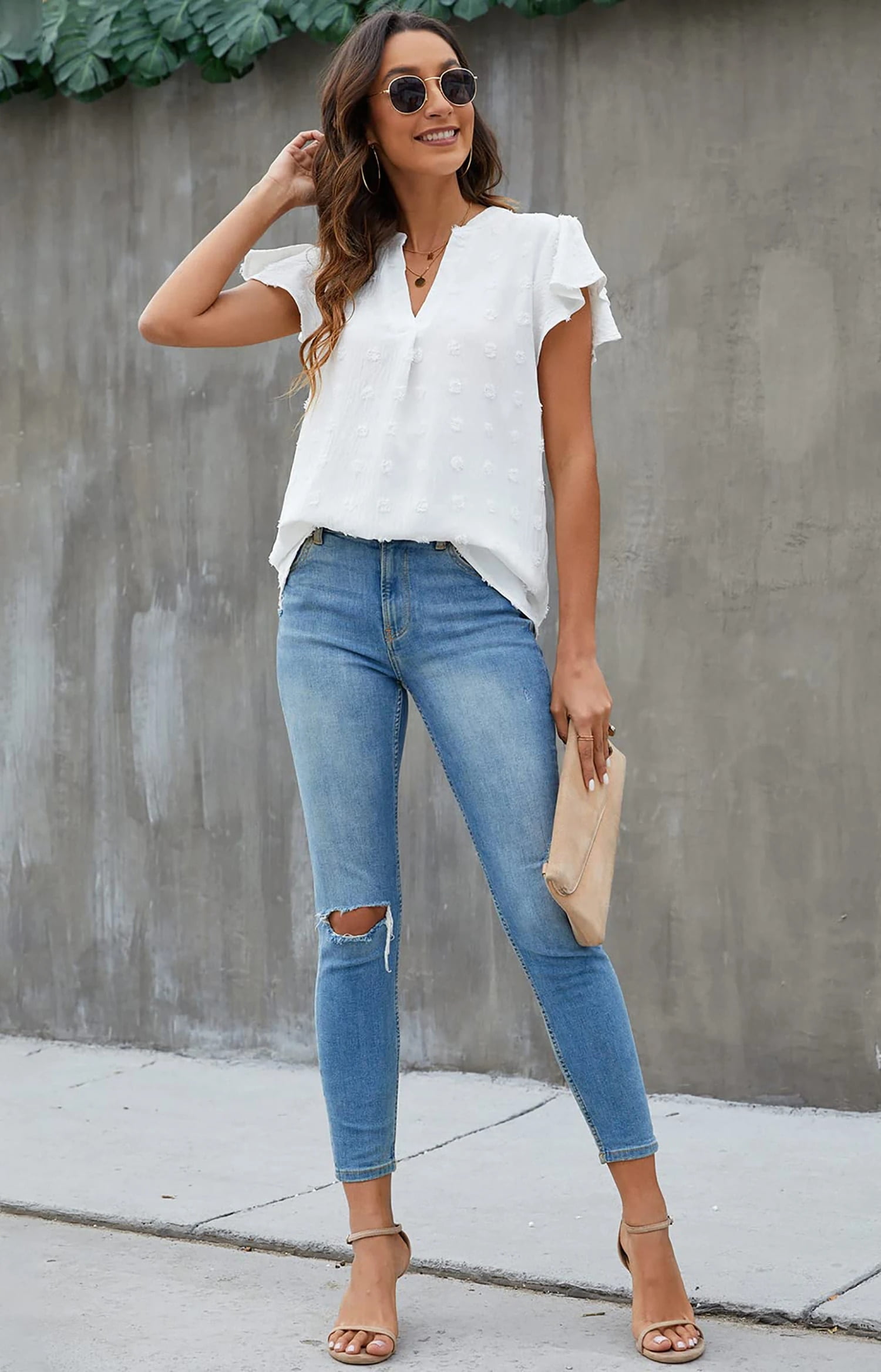 Fantaslook Women's Dressy V-Neck Ruffle Sleeve Blouse Casual Flowy Summer Top (White, L) 6oyn4