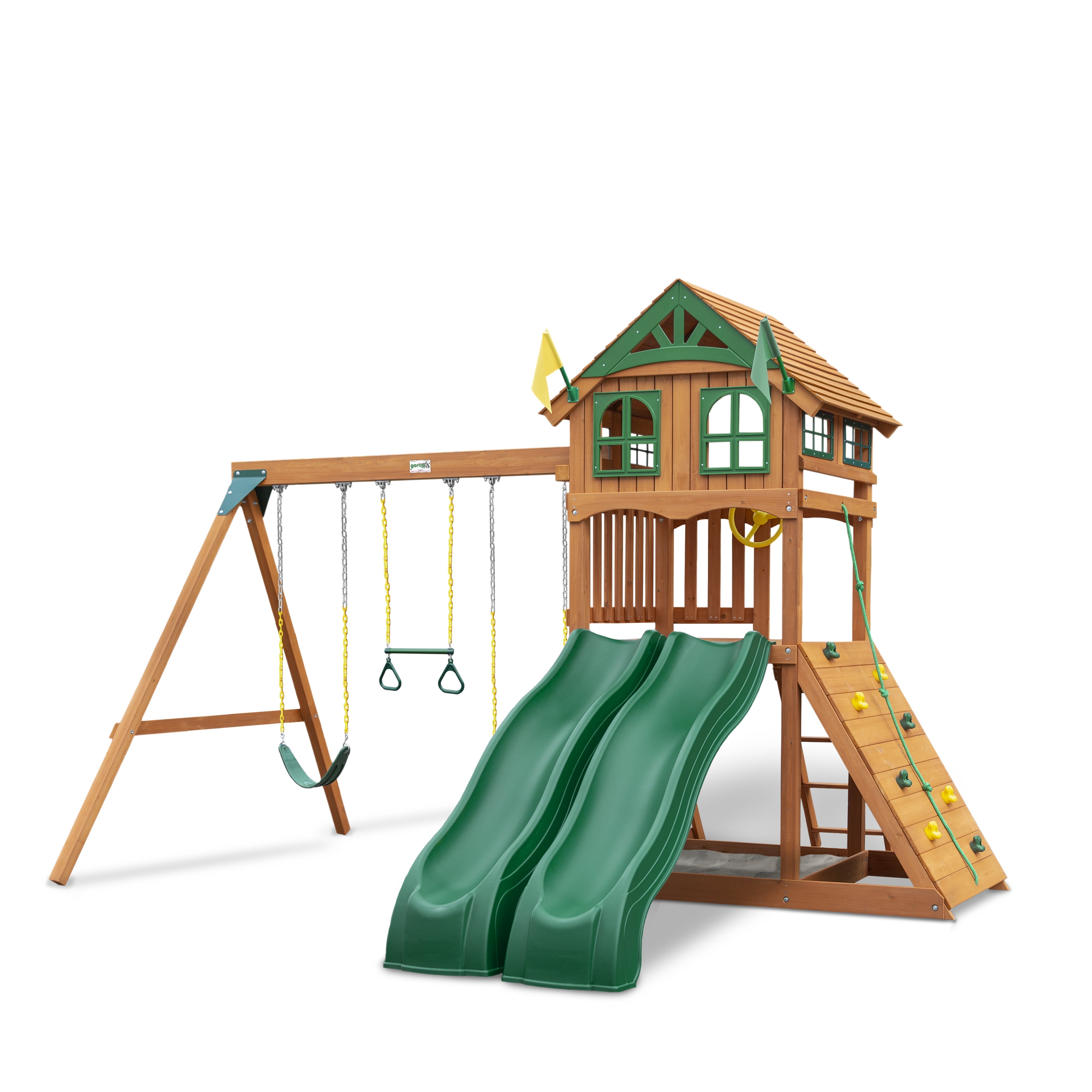 Gorilla Playsets Avalon Wooden Swing Set with Dual Slides and Climbing Rock Wall (Amber, 1 Unit) pfgpi