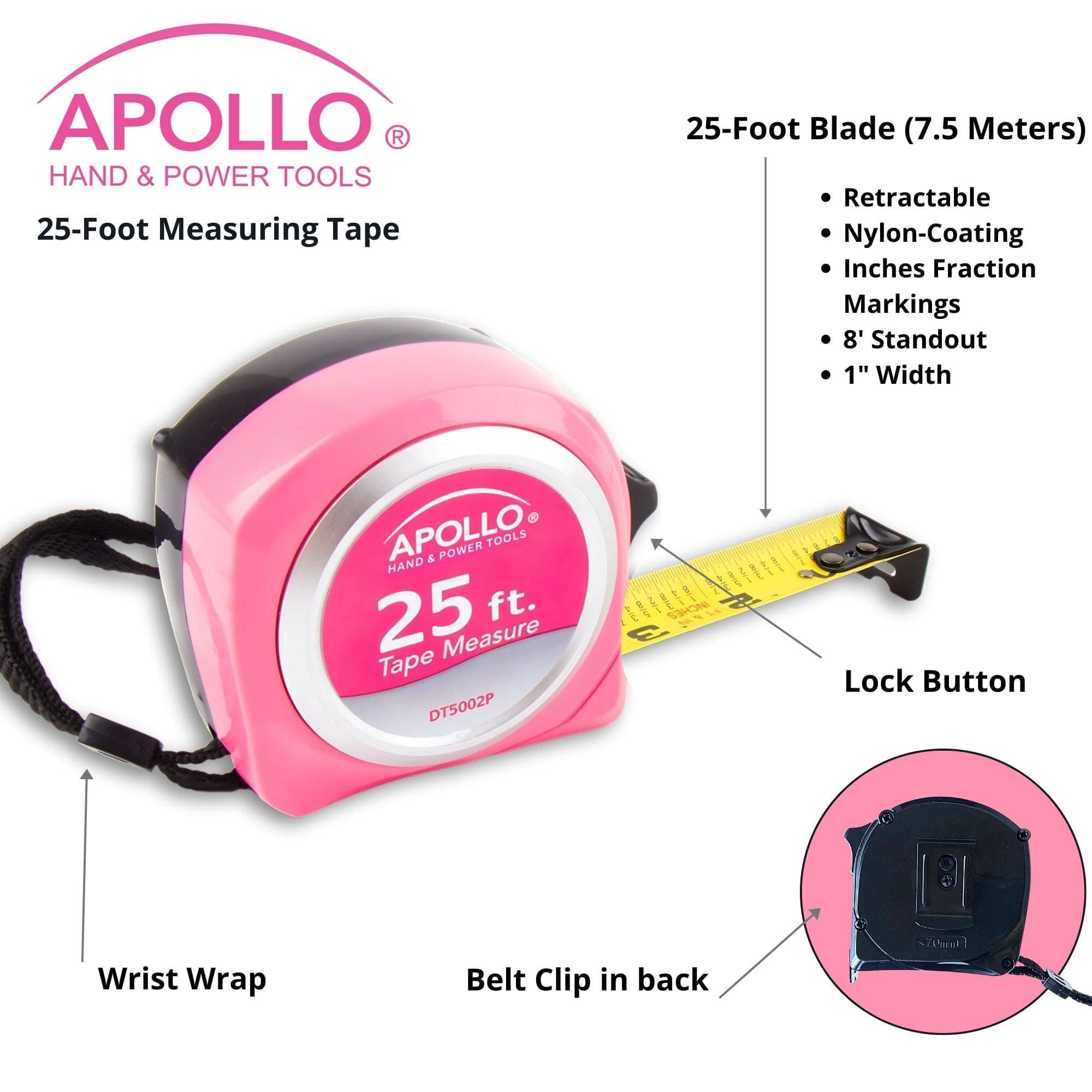Apollo Tools 25 ft. Tape Measure Heavy-Duty Retractable Measuring Tool (Pink, 25 ft.) 0z5ke