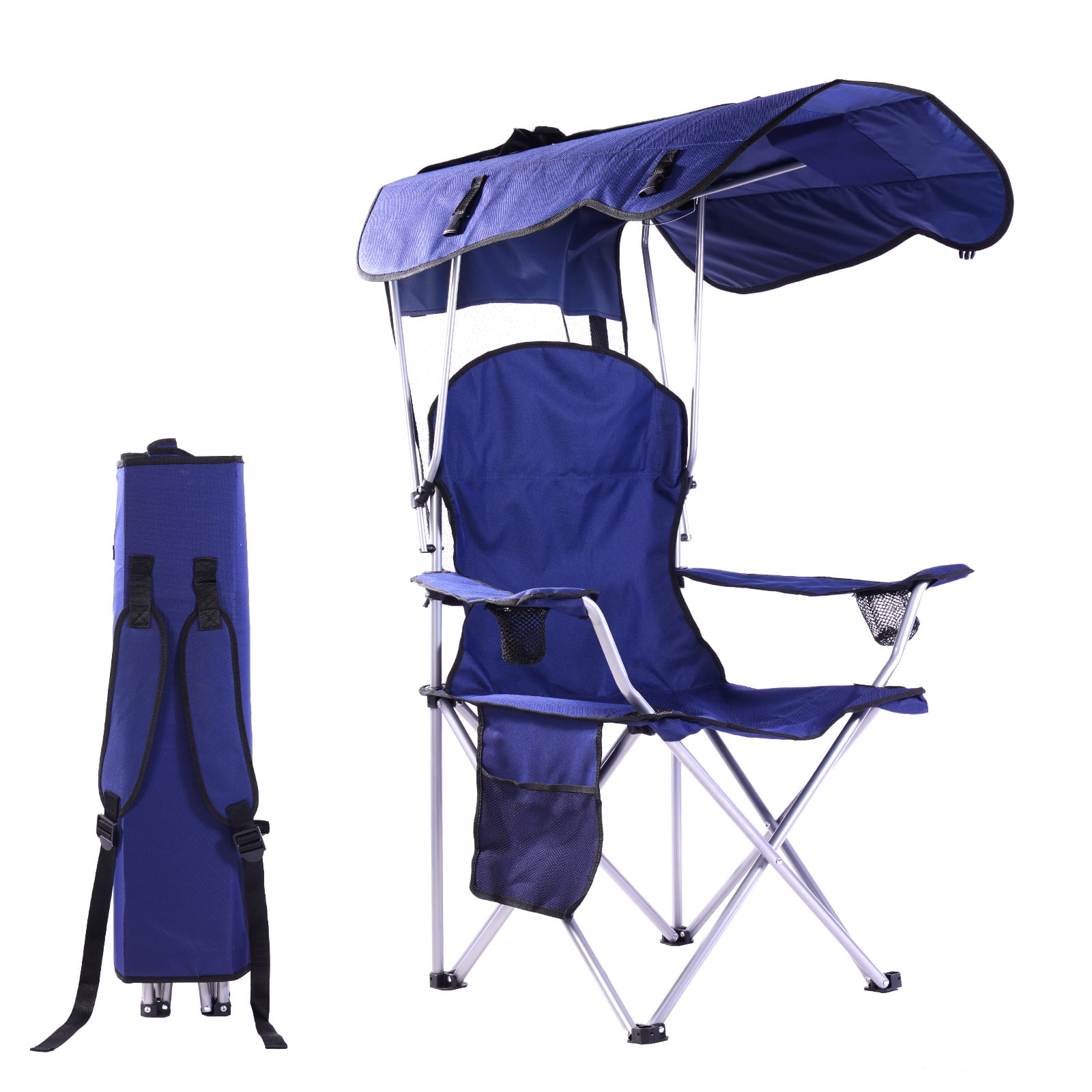 VTOY Folding Camping Chair with Sun Canopy and Cup Holder (Navy, 300 lb Capacity) r5kta