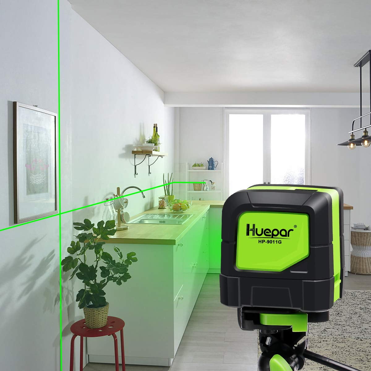 Huepar Cross Line Laser Level Green Beam Self-Leveling Tool with 360° Magnetic Pivoting Base (Green, 85 ft) knfpp