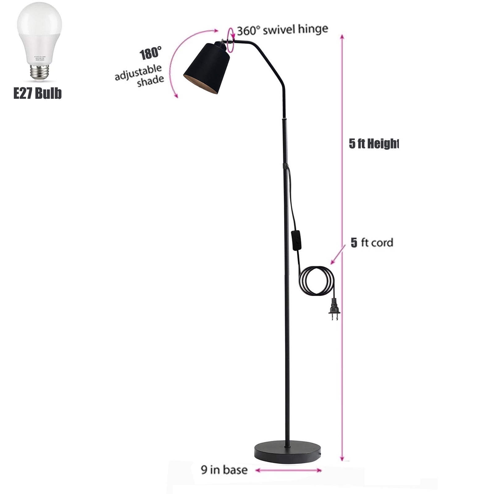 Golyzmt Modern Dimmable LED Floor Lamp, Adjustable Height Standing Light for Living Room and Bedroom (Black, 60 in) j32dq