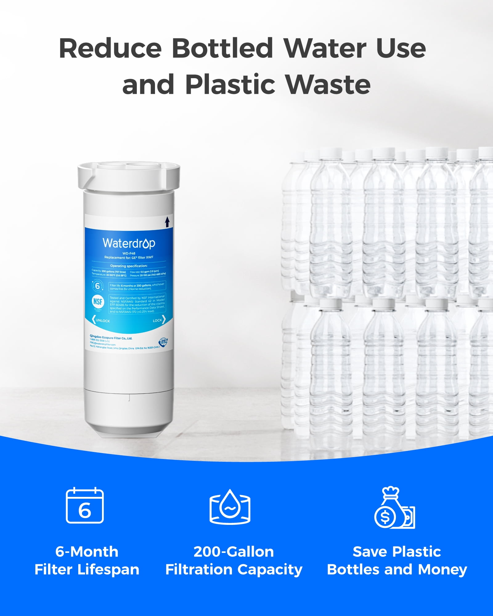 Waterdrop XWF Refrigerator Water Filter Replacement for GE XWF (1 Pack) bsr67