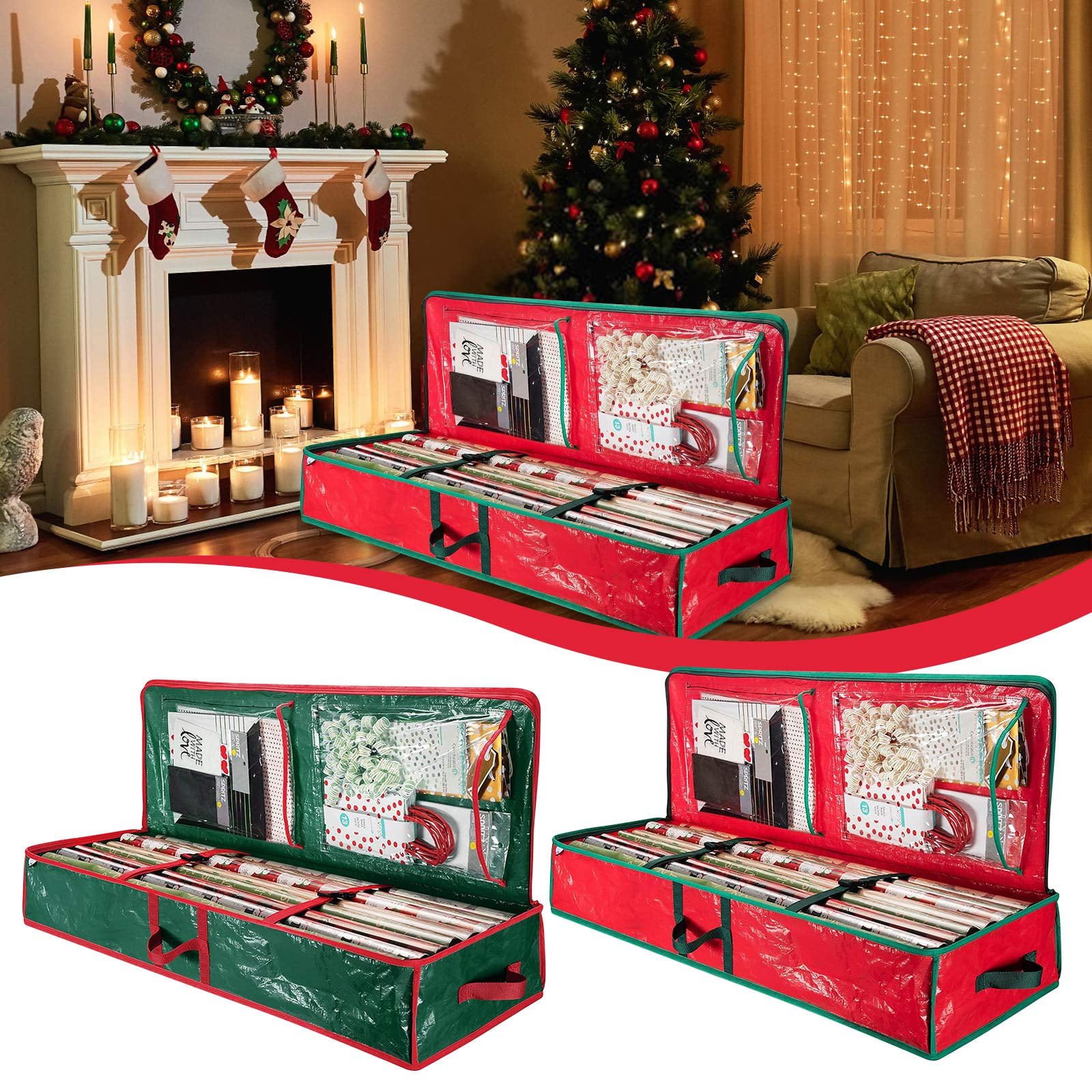 AYktou Wrapping Paper Organizer Storage, Tear-Resistant Fabric Gift Wrap Holder with Inner Pockets (Red, 41x14x6 in) 1o5dv