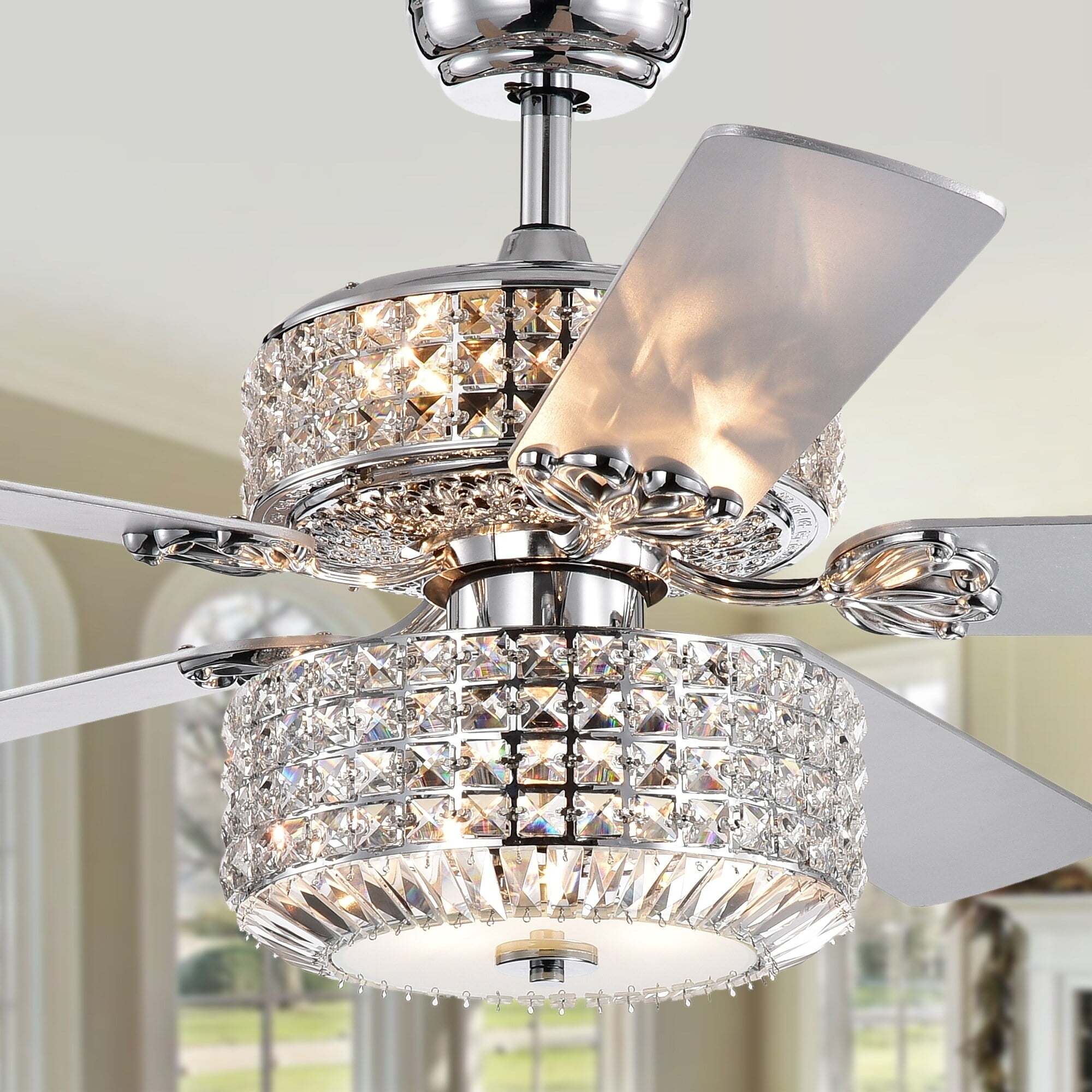 Warehouse of Tiffany Walter Dual Lamp Ceiling Fan with Crystal Shades (52 in, White) ynw3a