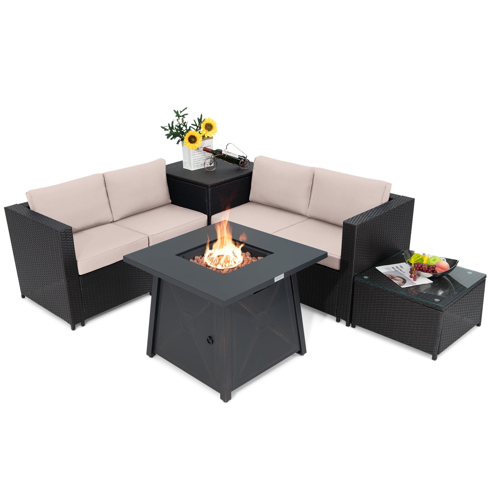 Topbuy 5-Piece Outdoor Patio Furniture Set with Propane Fire Pit Table and PE Wicker Conversation Seating (Beige, 5-Piece) 8dvxh