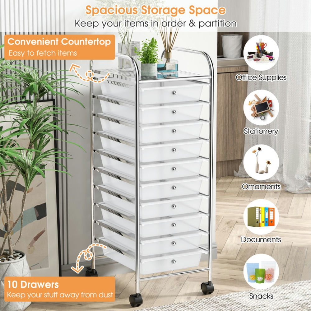 Spaco 10 Drawer Rolling Storage Cart Organizer with Universal Casters (Clear, 14.6 in x 12.8 in x 33.8 in) 92n3v