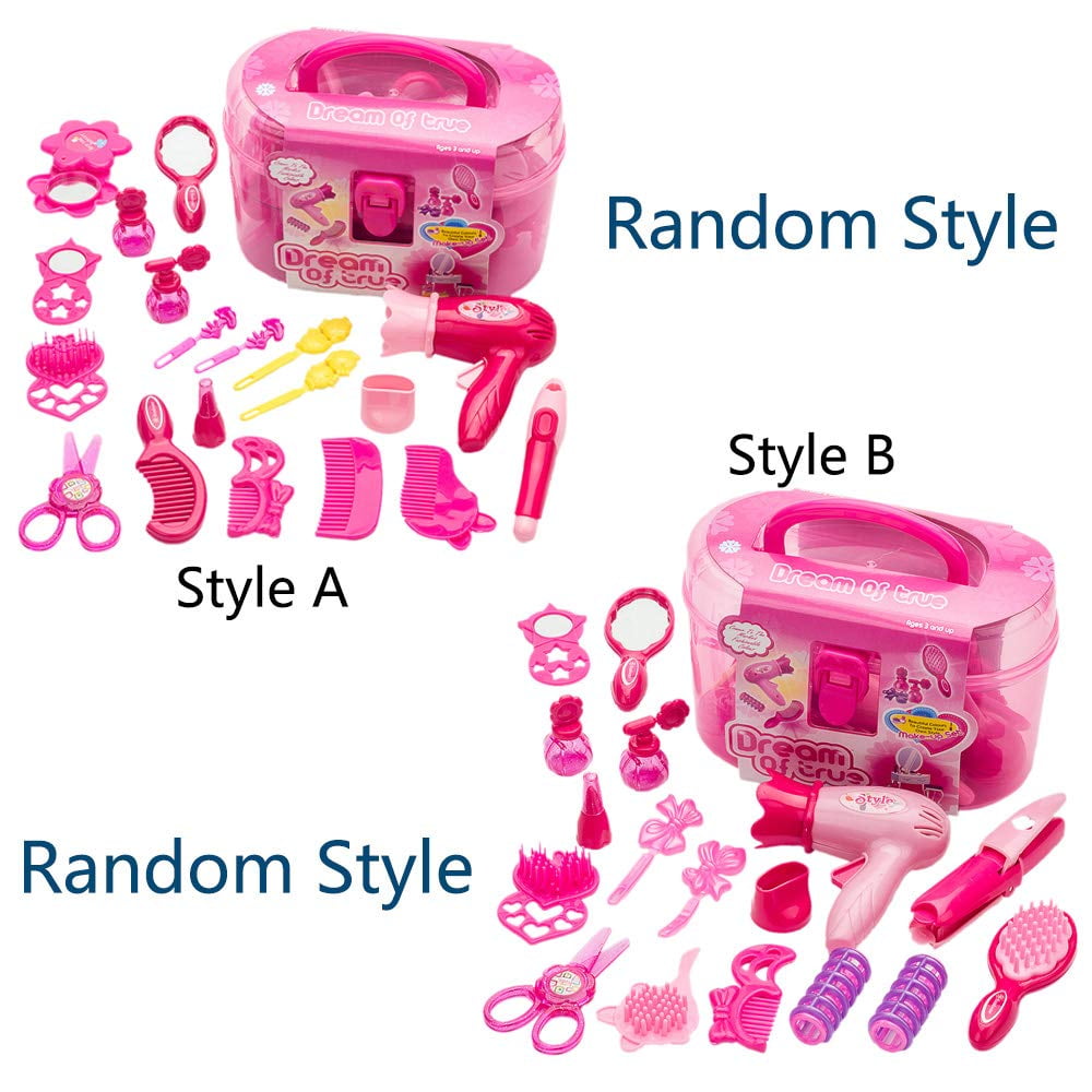 Somnr Kids Beauty Salon Pretend Play Makeup Kit with Carrying Case and Styling Accessories (Pink, 17pcs) 05fh7