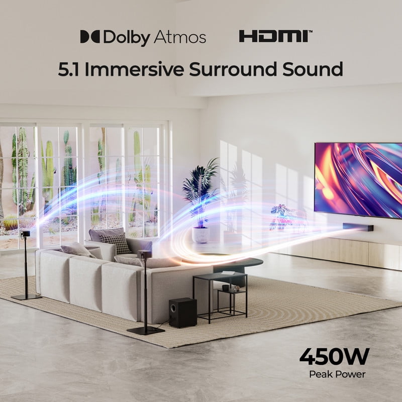 Ultimea 5.1 Dolby Atmos Sound Bar System with Wireless Subwoofer, 450W Peak Power, Surround Sound for TV (Black, 1 Pack) 3a2tj