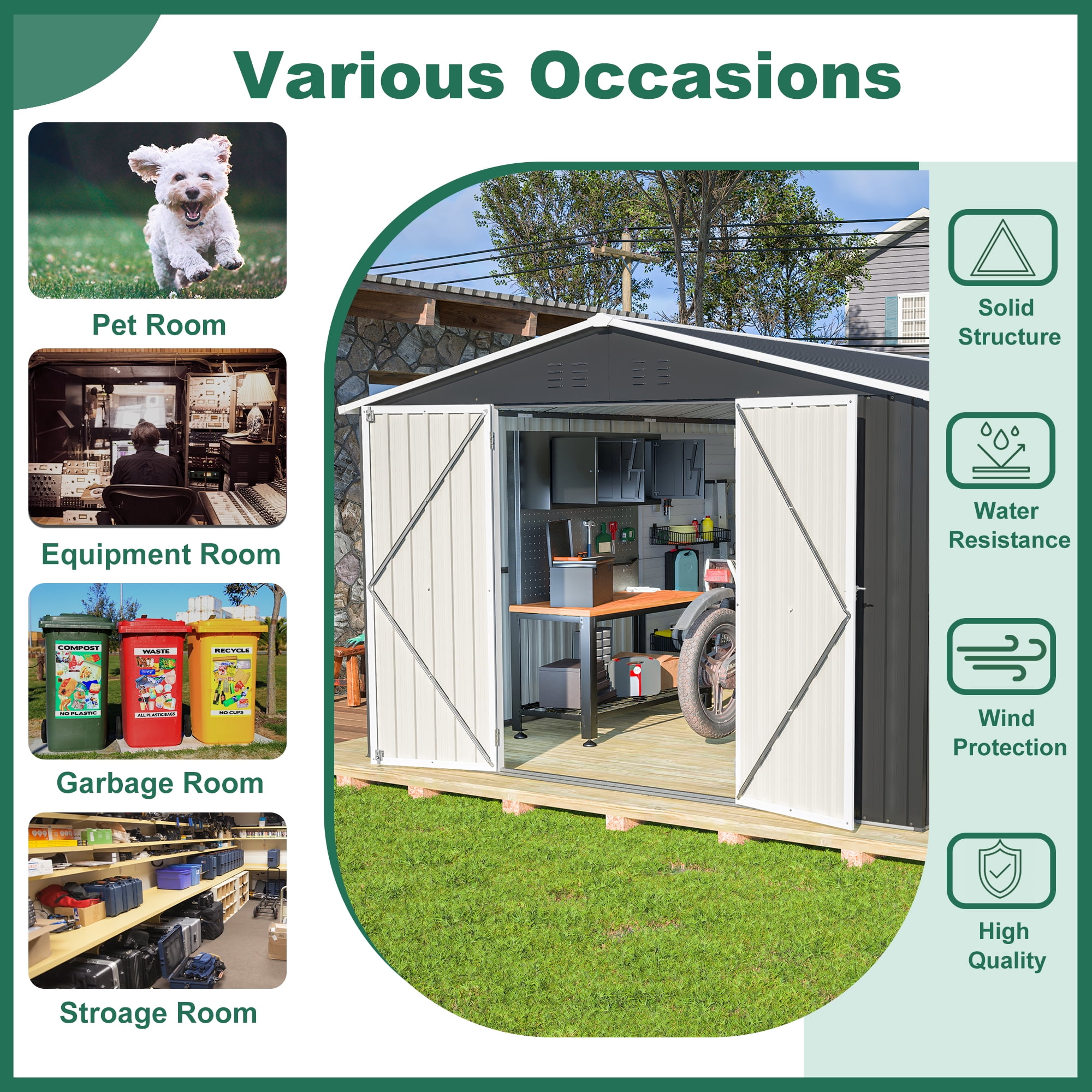 MAYEERTY Outdoor Metal Storage Shed, Galvanized Steel Tool Organizer with Sloped Roof and Lockable Doors (Black, 8 ft x 8 ft) yfgkq