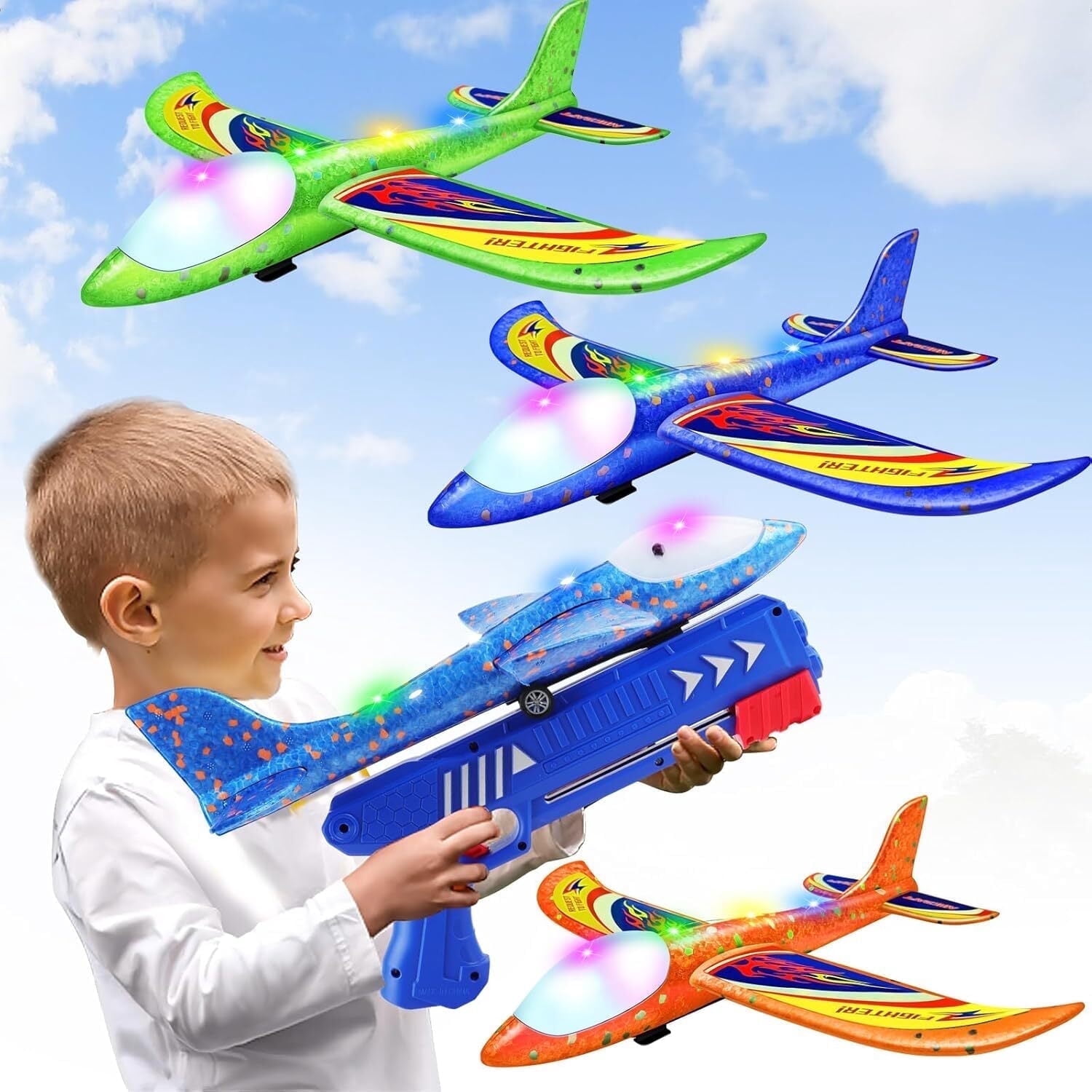 Kyprd Airplane Launcher Toy Set, LED Foam Glider Catapult Plane with 2 Flight Modes (3 Pack) 8xaq5