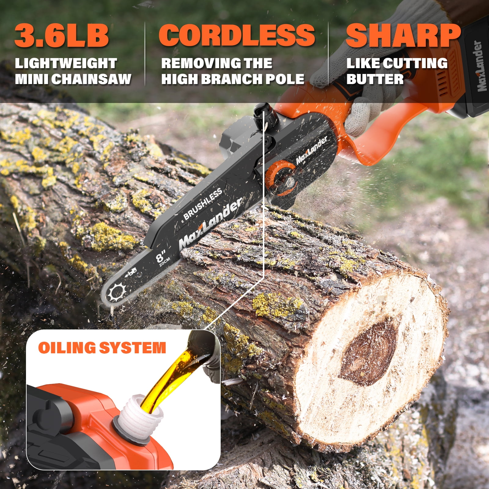Maxlander 2-in-1 Cordless Pole Saw and Mini Chainsaw, Electric Tree Trimmer with 14ft Reach (8 in, 20V Battery) fh99i