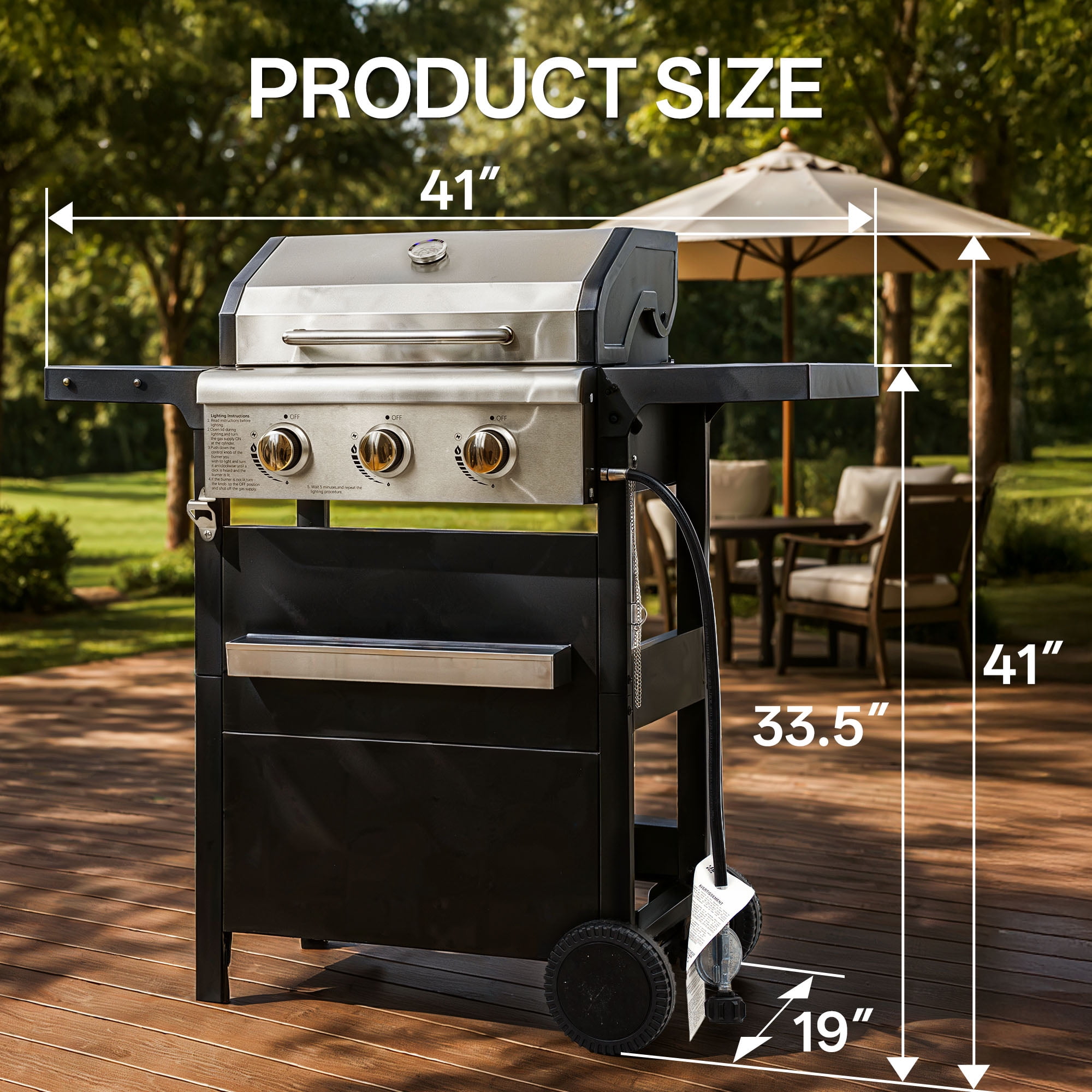 YIORTWO 3 Burner Propane Gas Grill with Cover, Outdoor BBQ with Stainless Steel Lid and Storage Cabinet (Black, 27,000 BTU) 60l9b