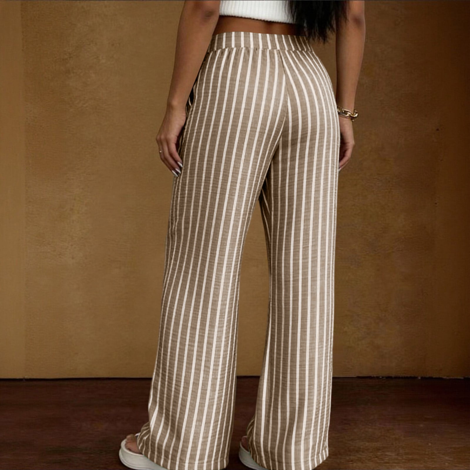 Textilo Womens Striped Wide Leg Palazzo Pants Casual Drawstring Trousers with Pockets (Khaki, M) qh4xn