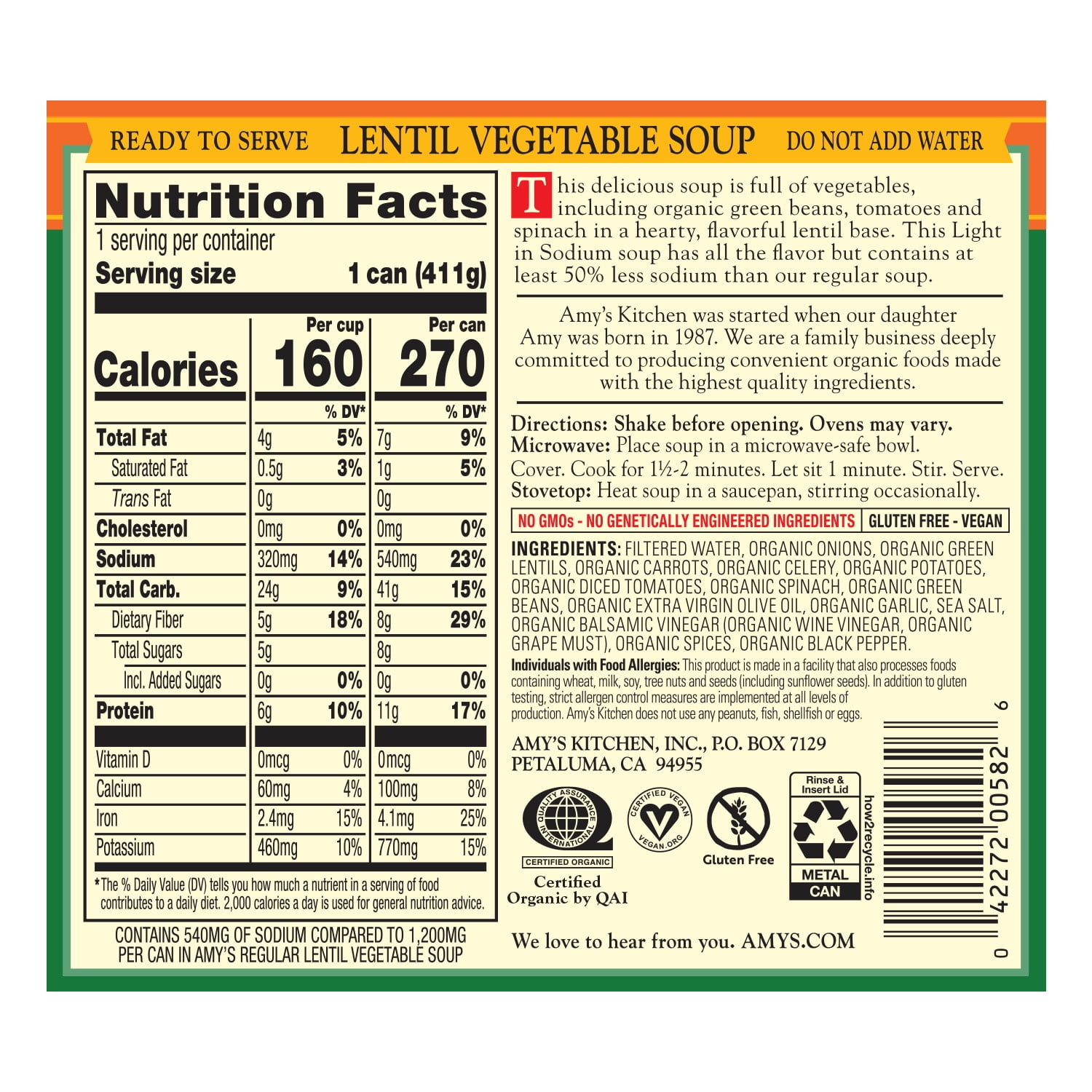 Amy's Kitchen Organic Lentil Vegetable Soup, Light in Sodium, Plant-Based Meal (14.5 oz) k8zfr