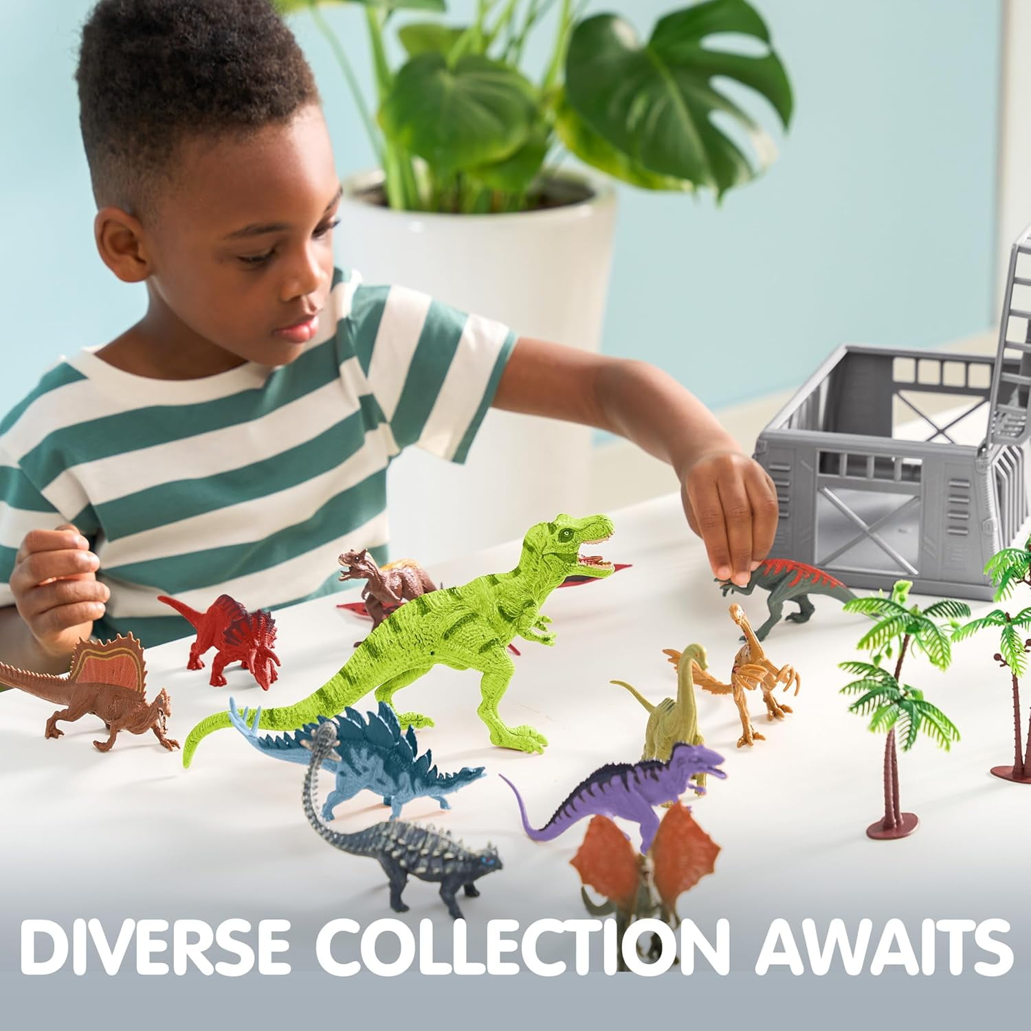 Joyfy 19-Piece Dinosaur Figure Playset with Activity Play Mat and Storage Cage (19 Pieces) r7l6l