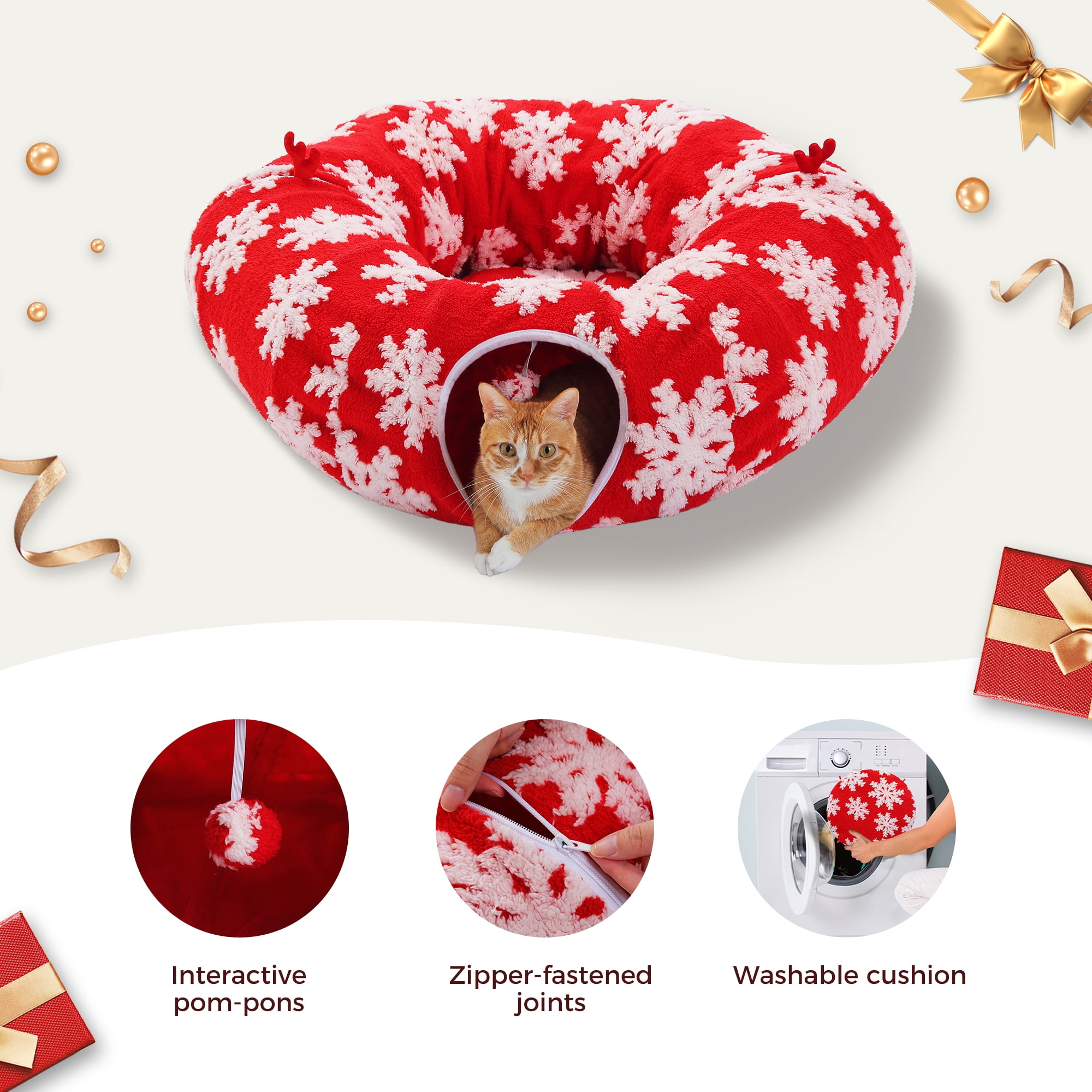 PAWZ Road Christmas Cat Tunnel Bed with Soft Mat and Hanging Toys (Red, 34 in) 3w2e7