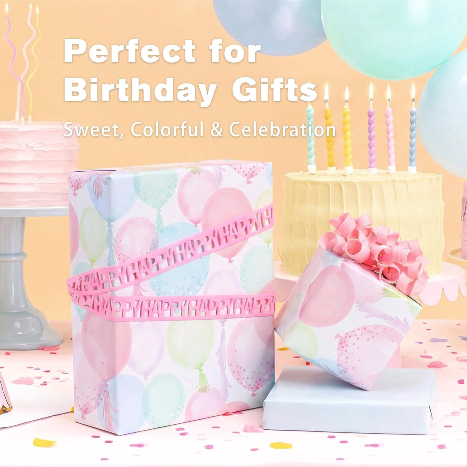 Generic Pastel Birthday Wrapping Paper, Watercolor Balloon Confetti Design for Kids and Adults (Multicolor, 17 in x 33 ft) 5ijy8