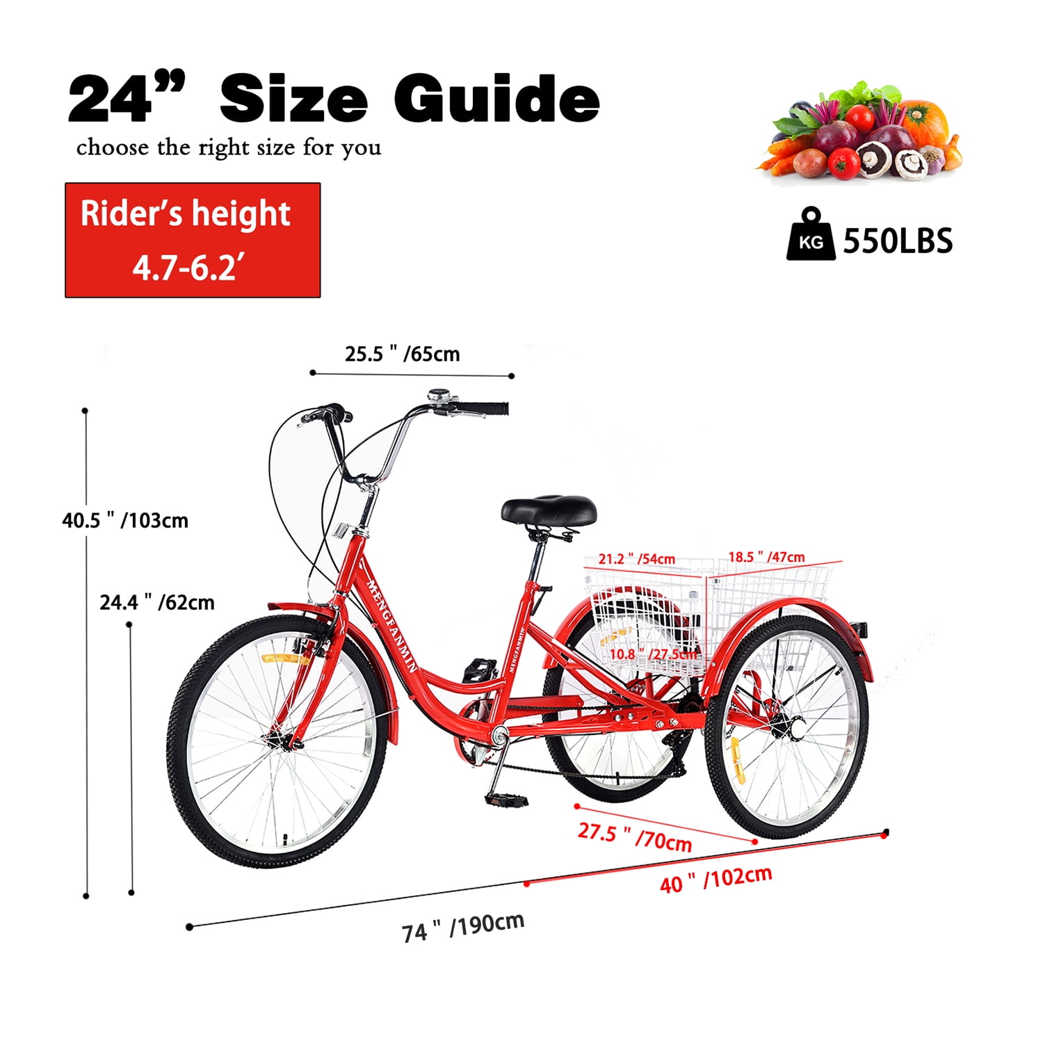 MENGFANMIN 7-Speed Adult Tricycle, 24-inch 3-Wheel Bike with Rear Basket (Red, 550 lb Capacity) q84ci