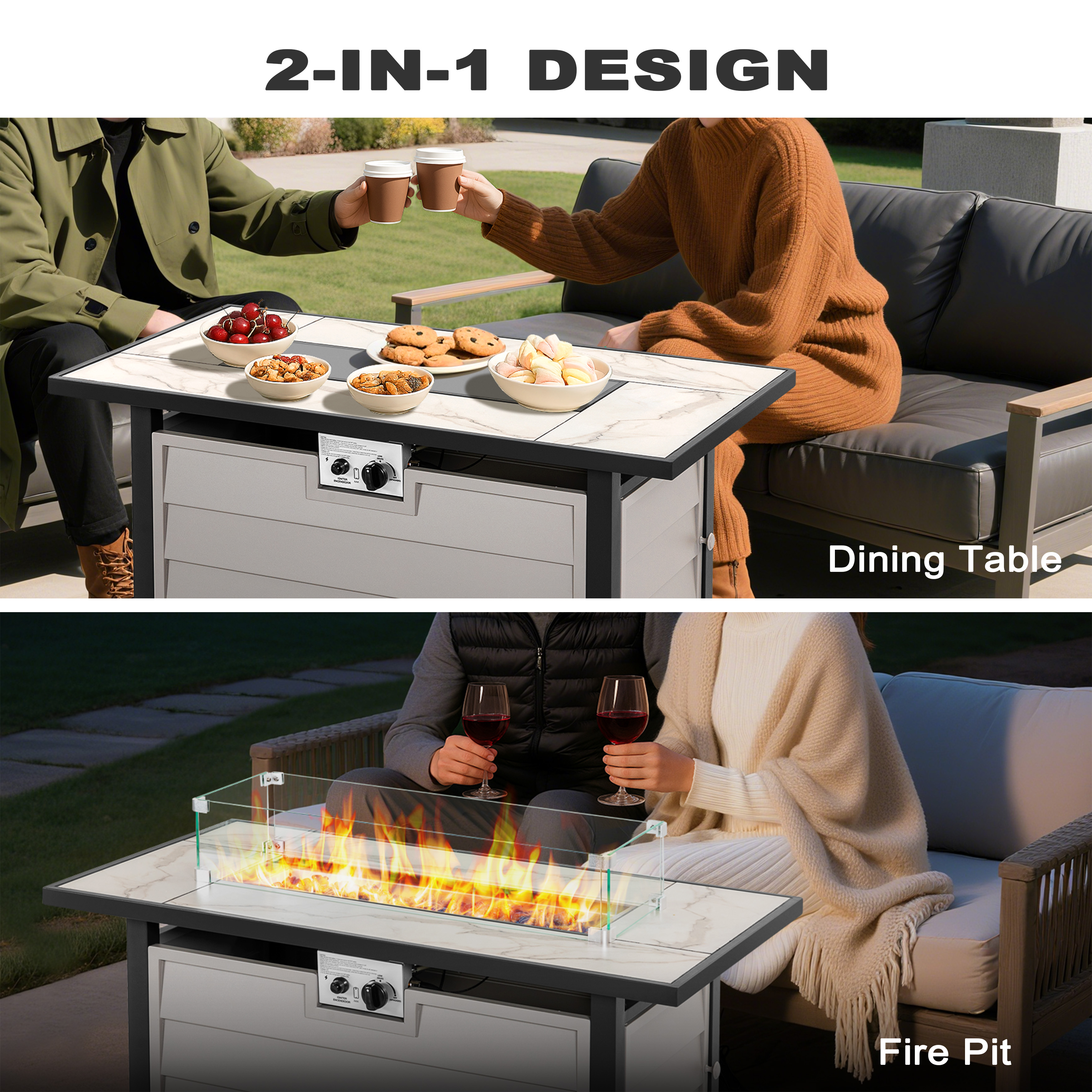 Nuu Garden 43 in Propane Fire Pit Table with Marble Texture Glass Top, 50,000 BTU Outdoor Gas Fireplace with Wind Guard and Lid (Ivory White, 43 in) 8llz3