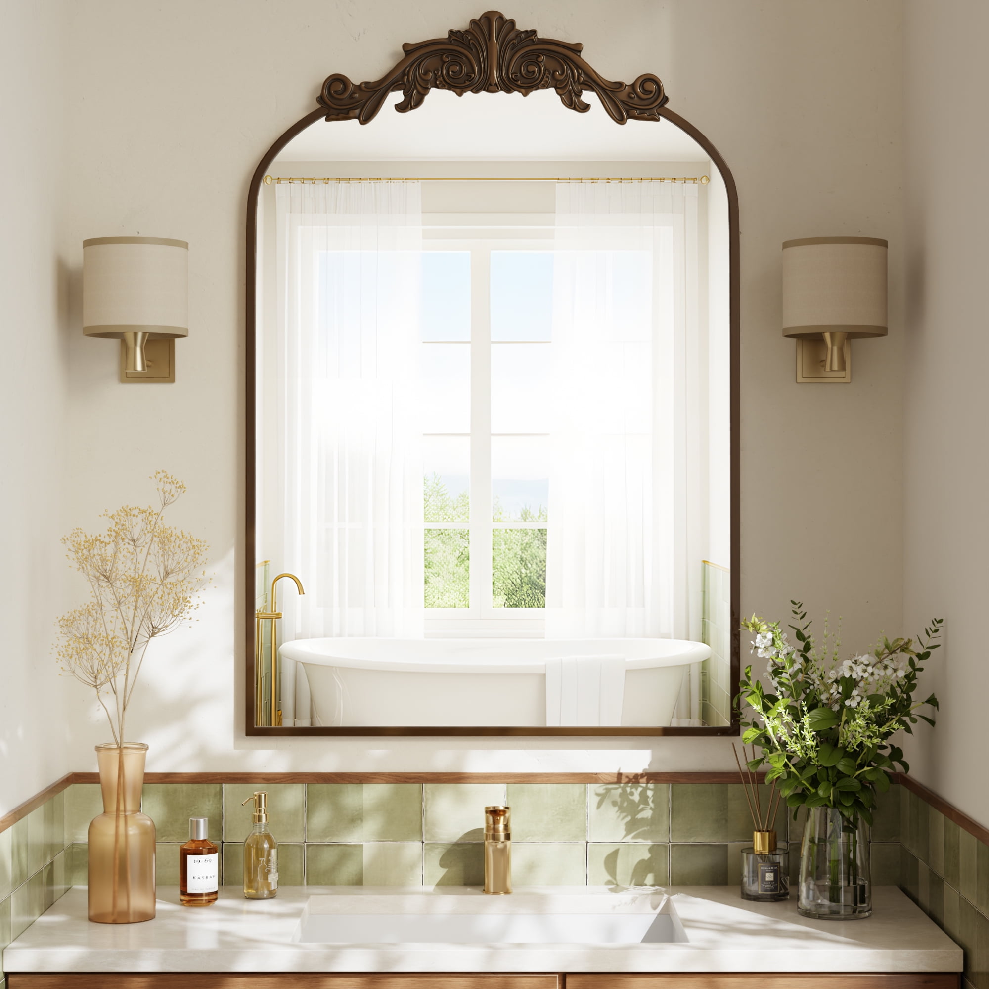 BEAUTYPEAK Arched Wall Mirror Vintage Metal Bathroom Vanity Mirror (Bronze, 24 in x 38 in) bmu2a