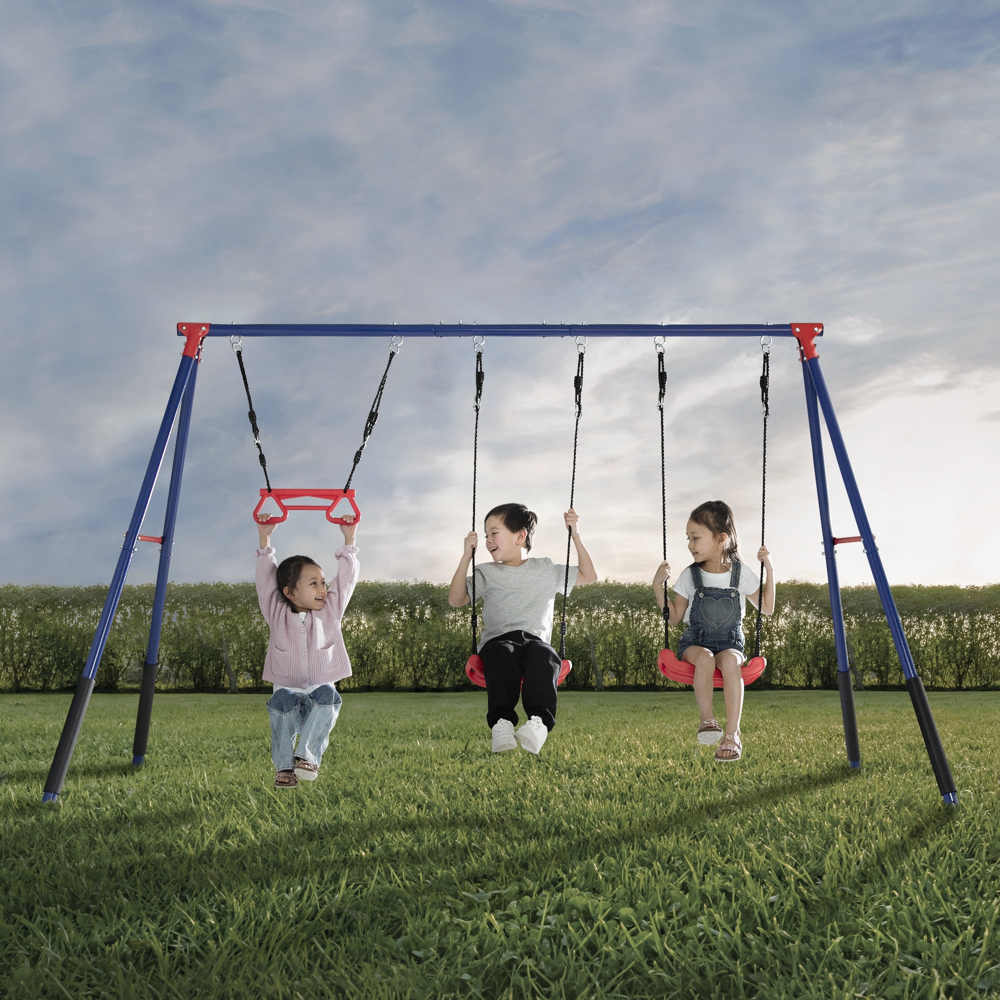 Delta Children FunZone Outdoor Metal 3-Piece Swing Set with 2 Swings and 1 Trapeze Bar (Blue/Red, 144 in W x 54 in D x 70 in H) e1y6s