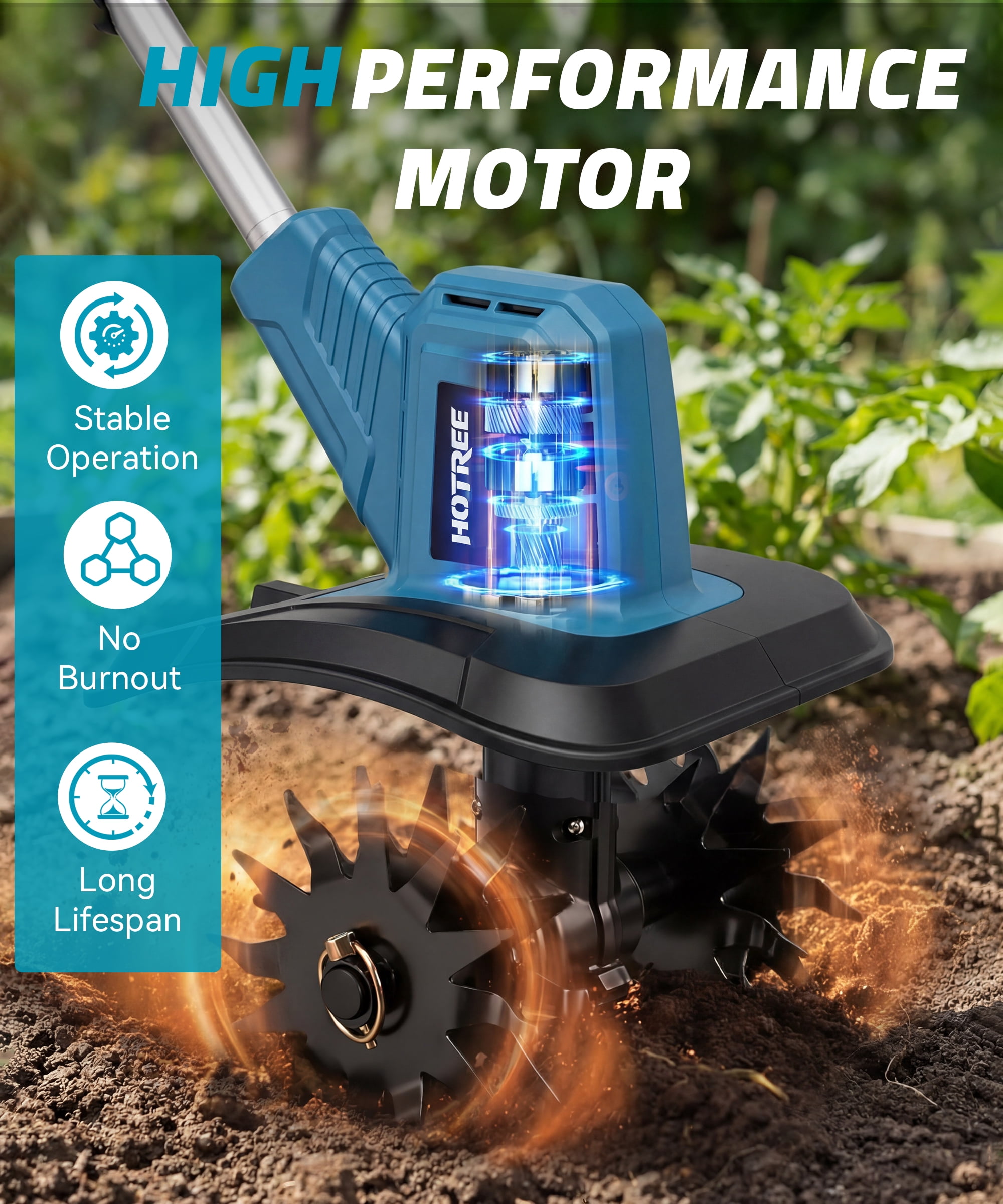 HOTREE Cordless Electric Tiller Garden Cultivator with 4 Steel Blades (12in Tilling Width, 8lb) 0yacl