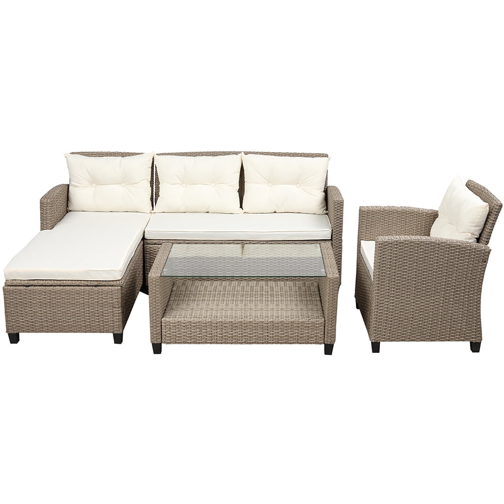 Segmart 4-Piece Outdoor Patio Furniture Set, Wicker Conversation Sofa with Cushions and Coffee Table (Beige, 4-Piece) tl75q