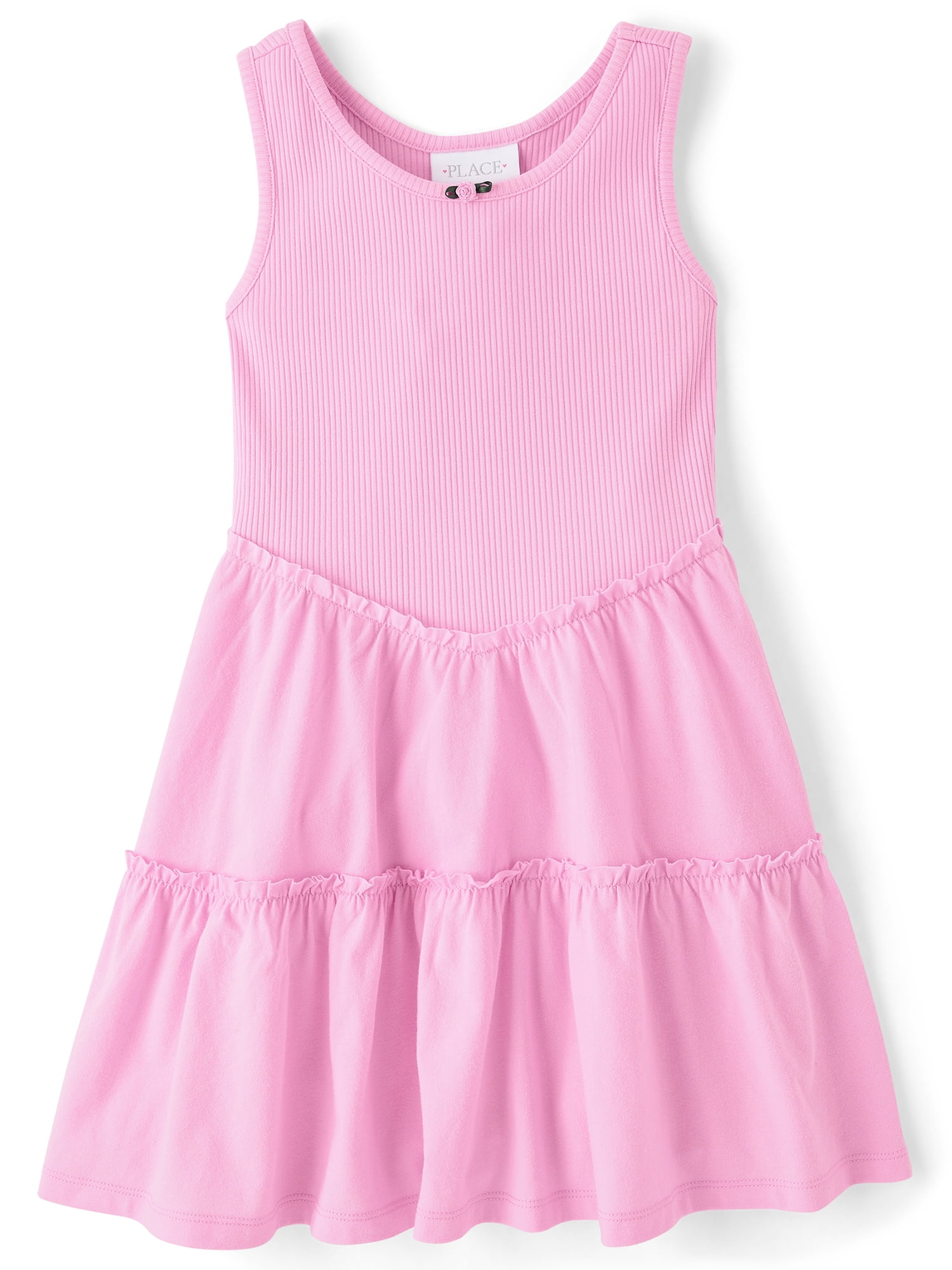 The Children's Place Girls Sleeveless Ribbed Tiered V-Waist Dress (Pink, XS) r5sze