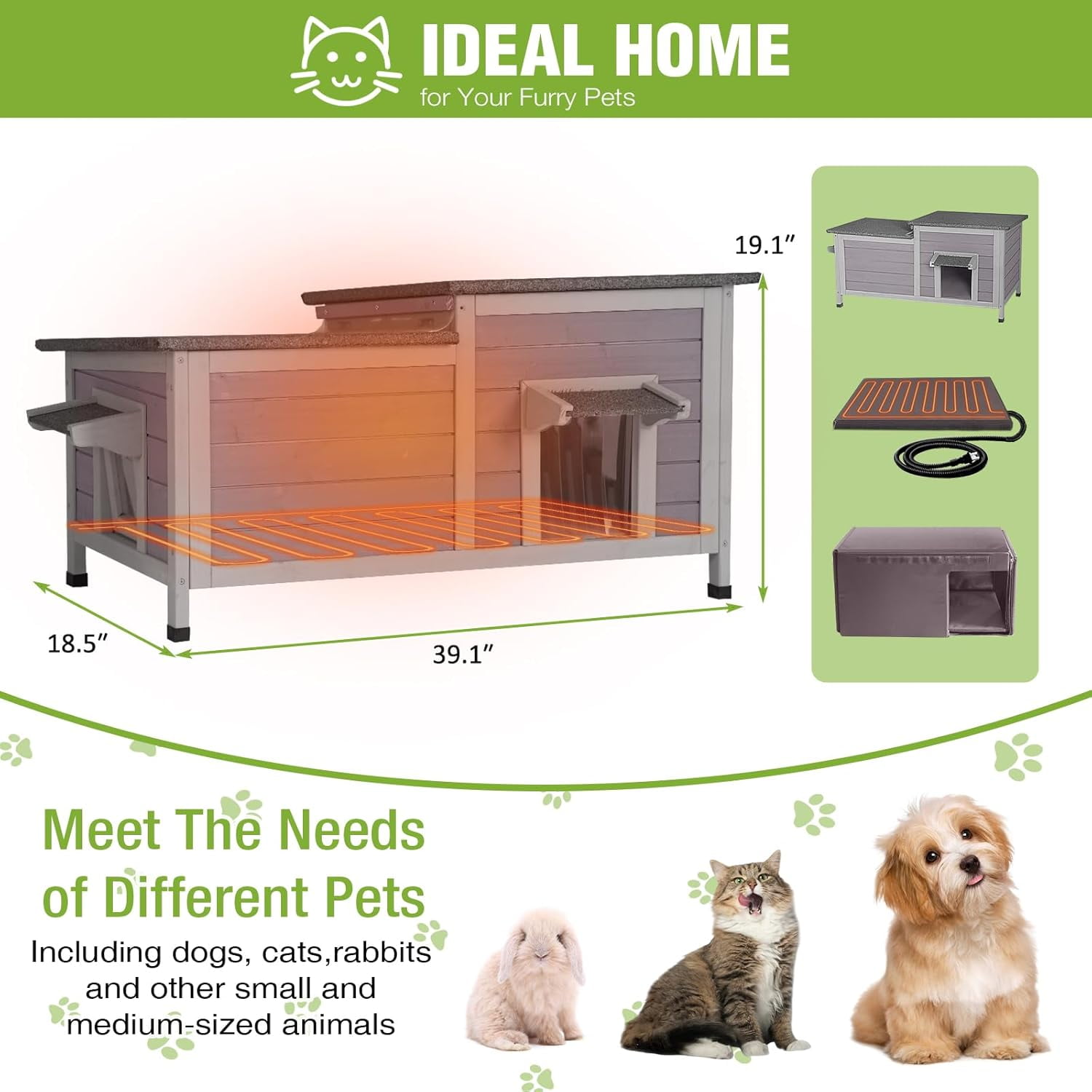 Aivituvin Heated Outdoor Cat House, Weatherproof Insulated Shelter for Feral Cats (Grey, Large) 5ypby