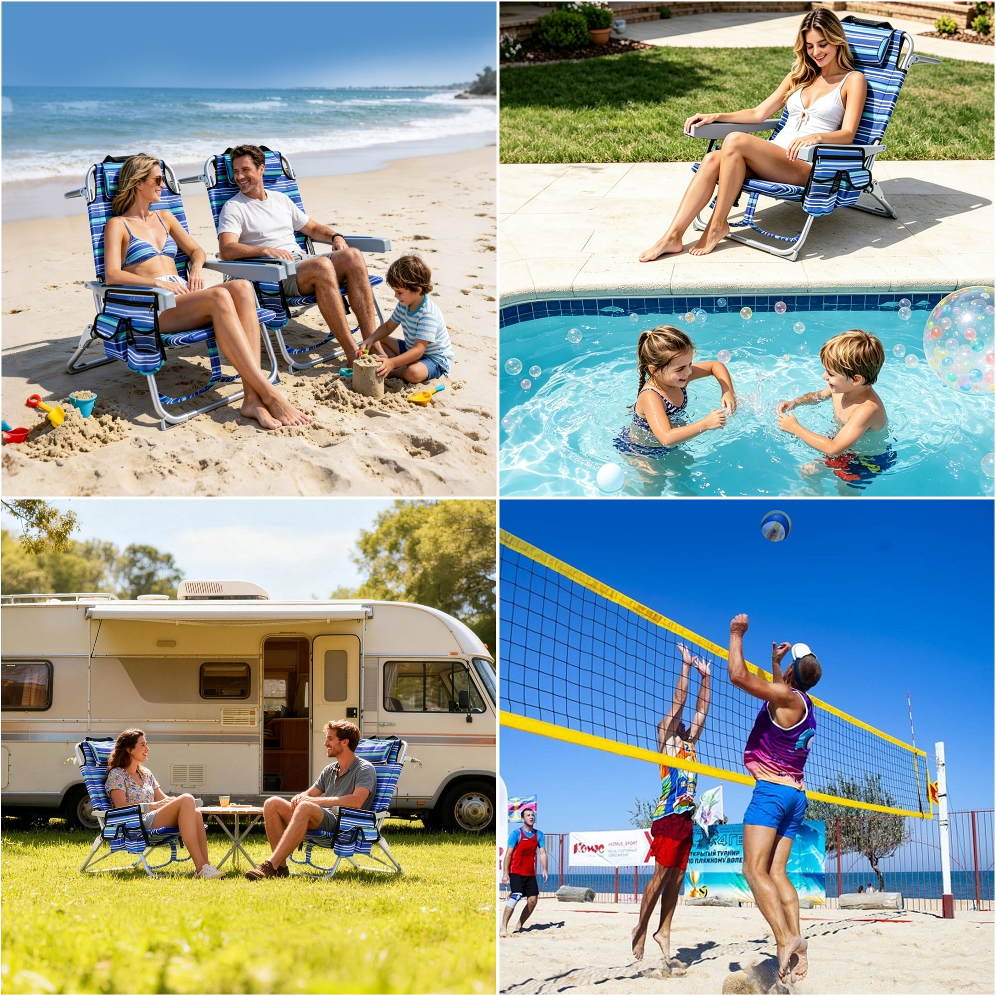GVDV Portable Folding Beach Chair Set, 4-Position Adjustable Reclining Outdoor Seat with Cup Holder and Towel Bar (Blue, 2-Pack) s4l63