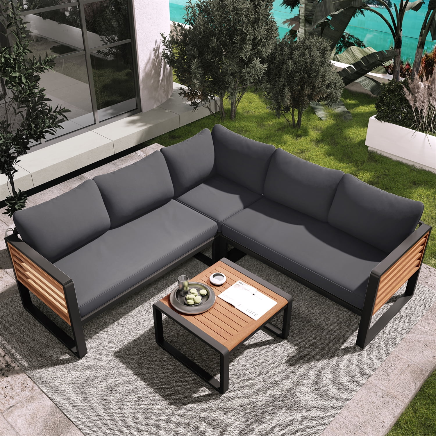 YIORTWO 4-Piece Outdoor Patio Furniture Set, L-Shaped Sectional Sofa with Gray Cushions and Acacia Wood Coffee Table (Black Metal Frame, 4-Piece Set) tm9zi
