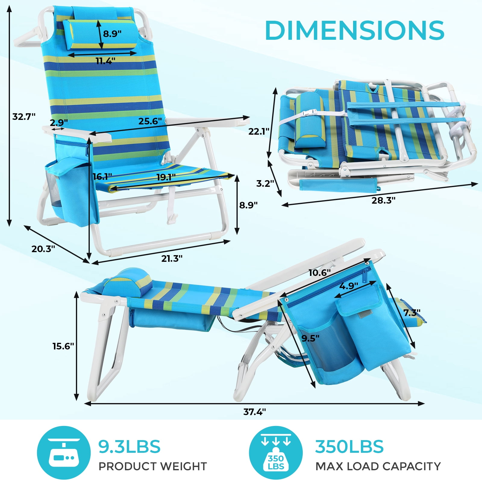 TLSUNNY 5-Position Folding Beach Chair with Cooler Pouch and Towel Bar (Green, 2 Pack) q1ay7
