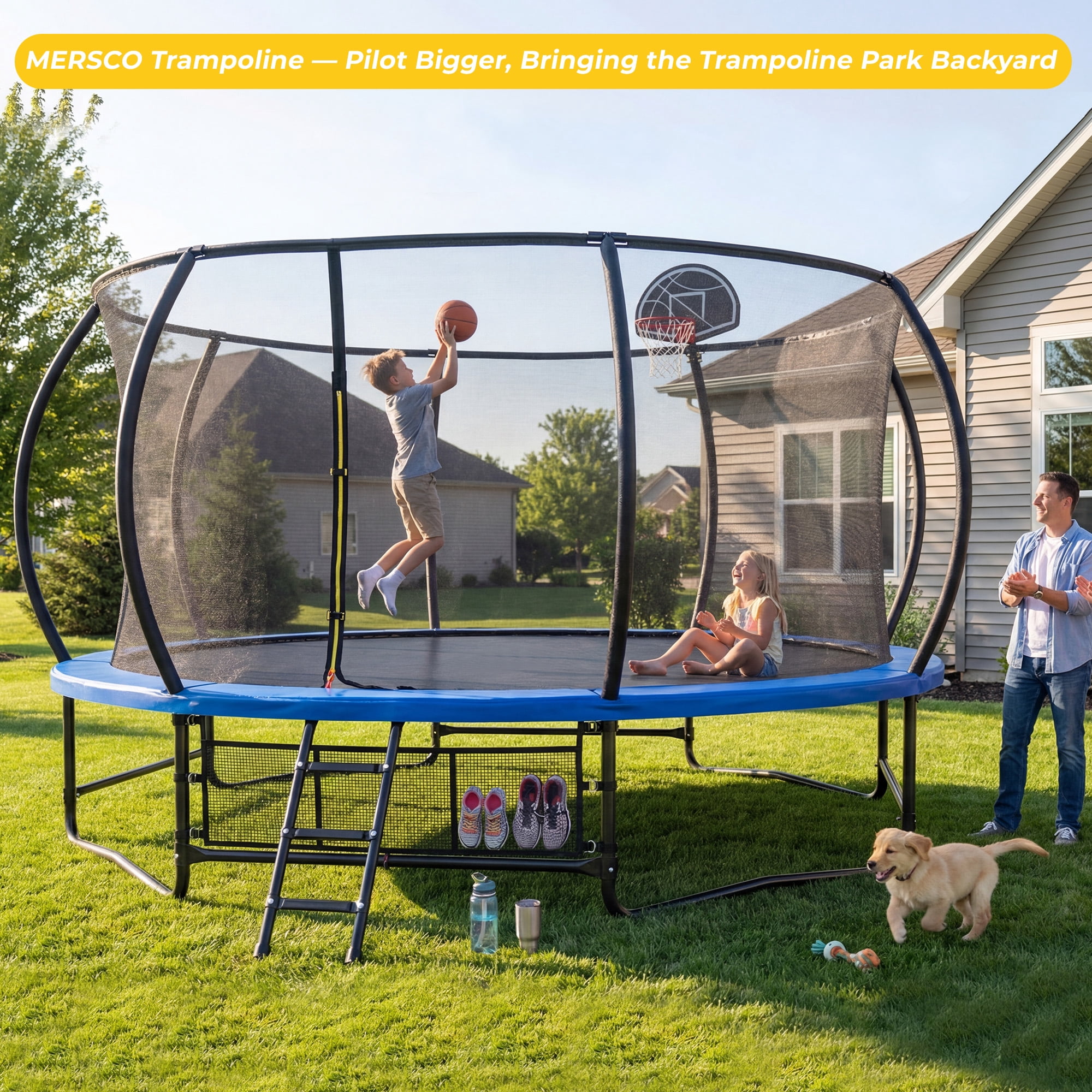 Mersco 14ft Outdoor Trampoline with Enclosure Net, Basketball Hoop, and Storage Bag (Blue, 14 ft) ue87b
