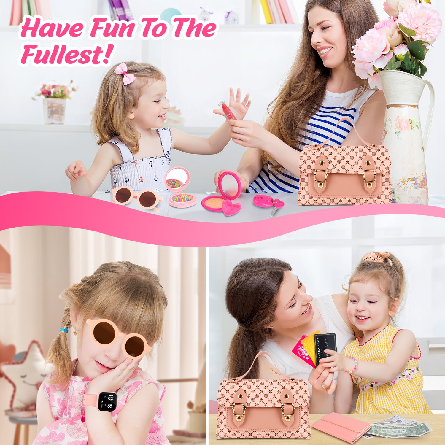 Flooyes Kids Makeup Toy Set Pretend Play Handbag with Necklace and Watch (Pink, 1 Set) api8t