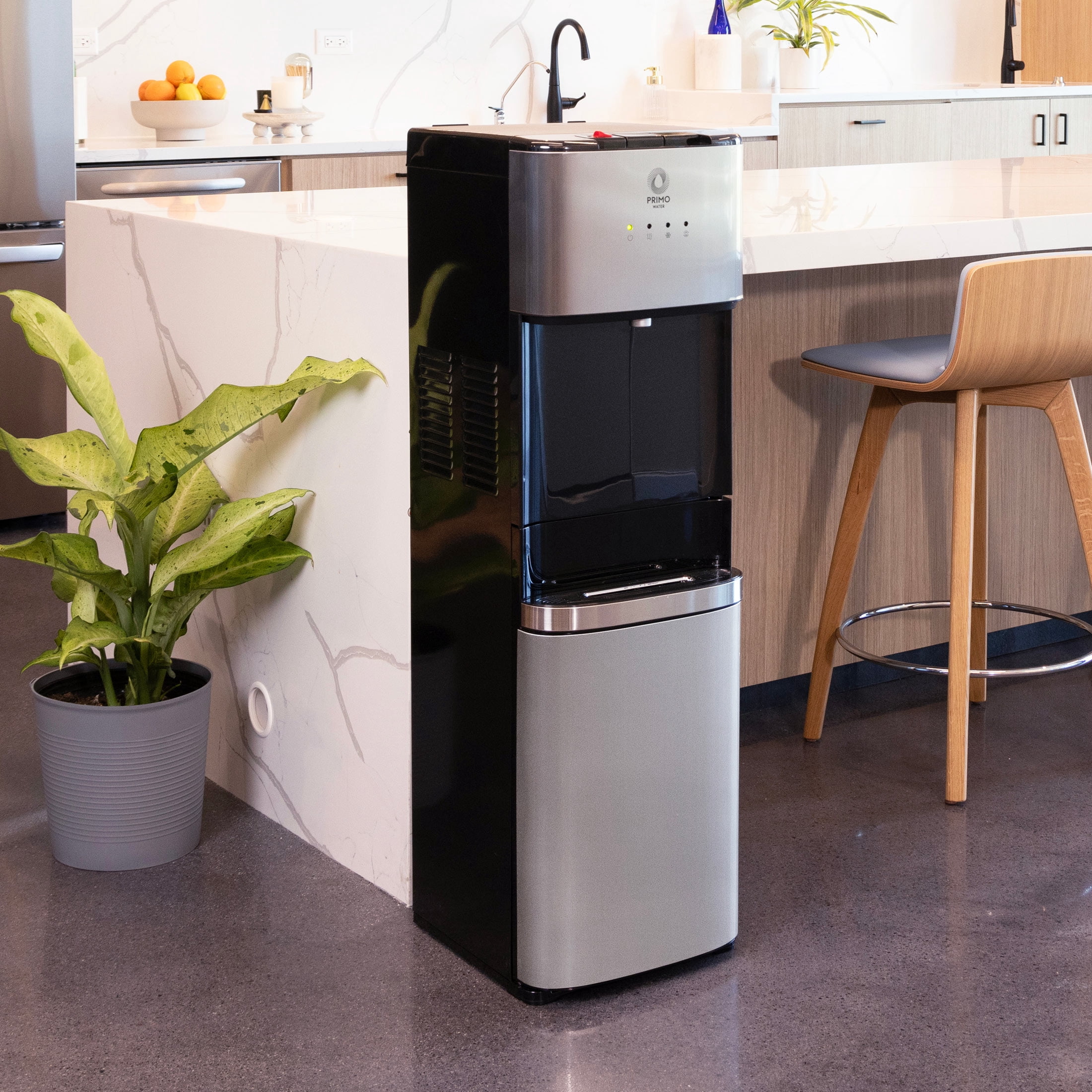 Primo Deluxe Bottom Load Water Dispenser, Hot Cold and Room Temperature (Black and Stainless, 5 gal) ay0sy