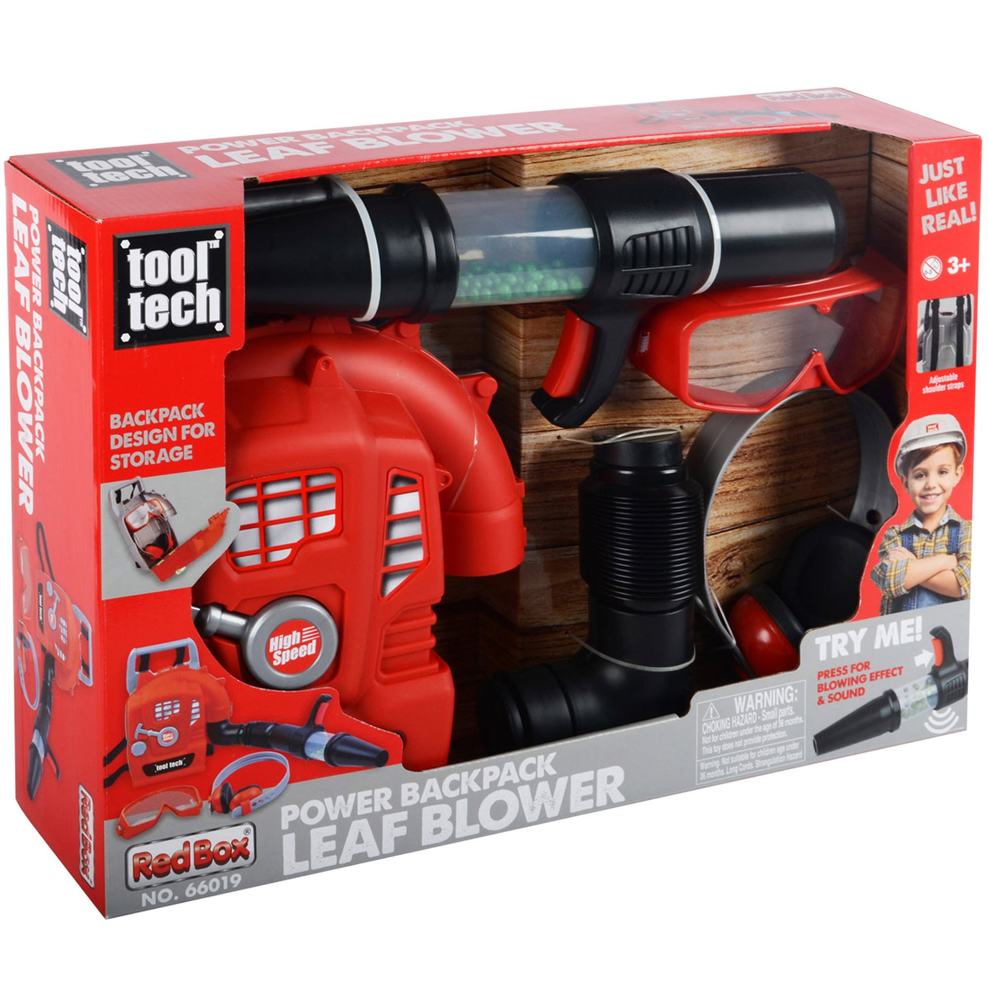 Red Box Power Backpack Leaf Blower Toy with Realistic Sound and Protective Gear (1 Set) nztz0