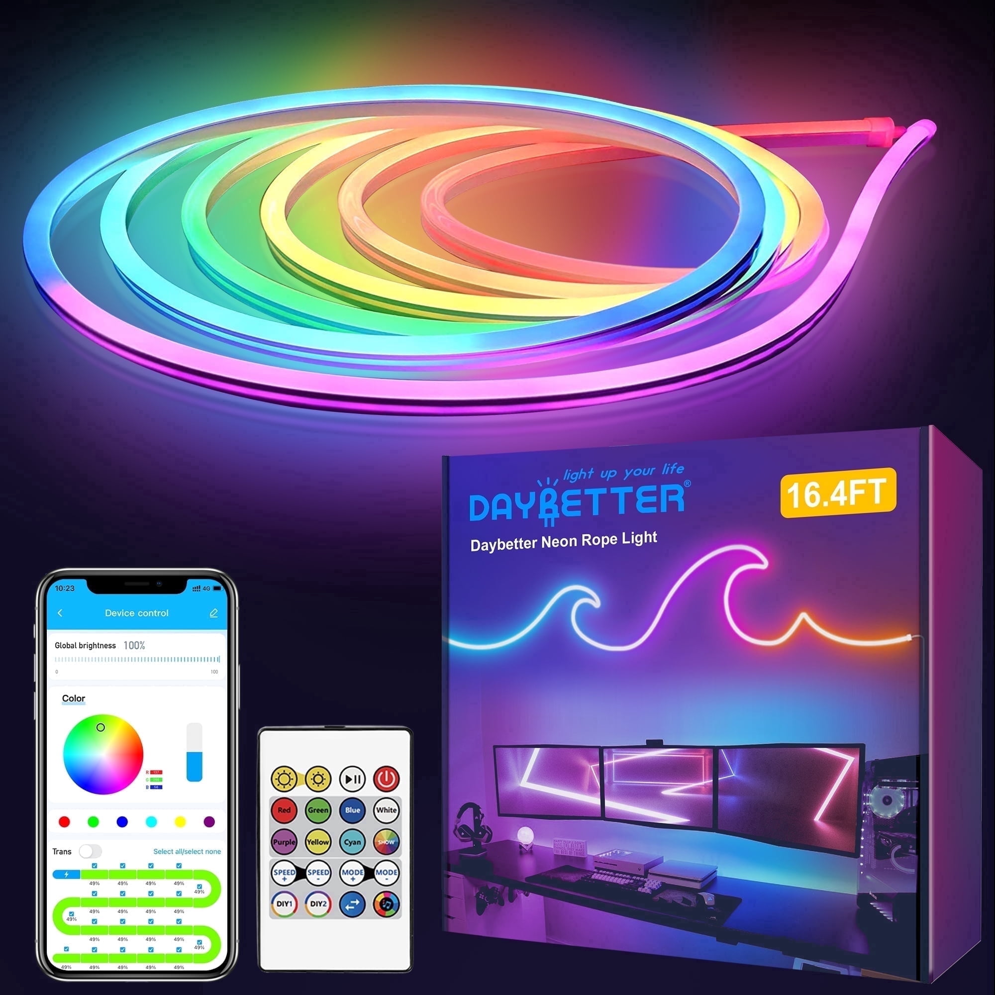DAYBETTER LED Neon Rope Lights, Music Sync RGBIC Strip with APP and Remote Control, Waterproof DIY Lighting for Bedroom and Outdoor Decor (16.4 ft) mbme7