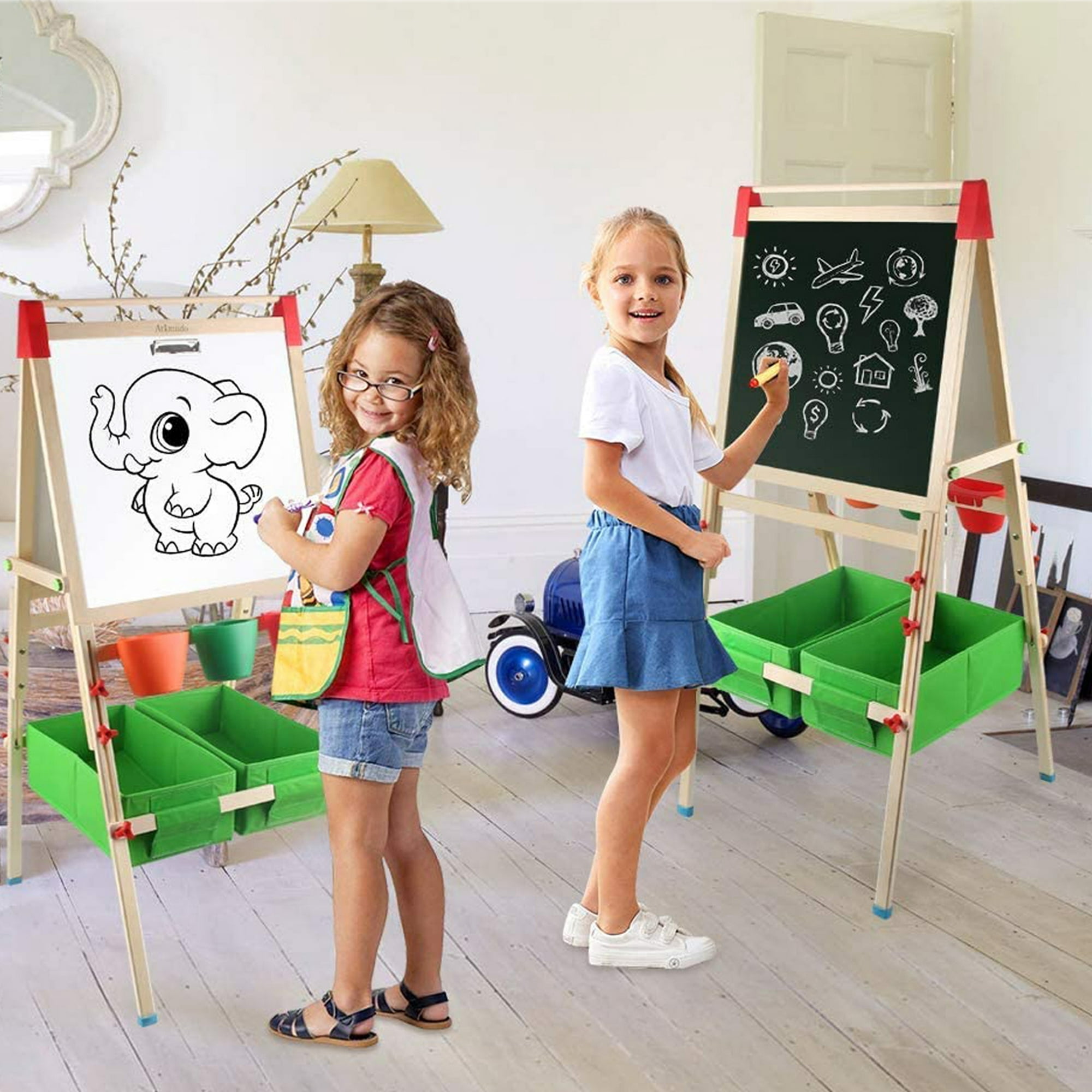 Ealing All-in-One Kids Art Easel with Paper Roll and Storage Bins, Double-Sided Height Adjustable Magnetic Whiteboard and Chalkboard (Green, 195 in Paper) k8dbf