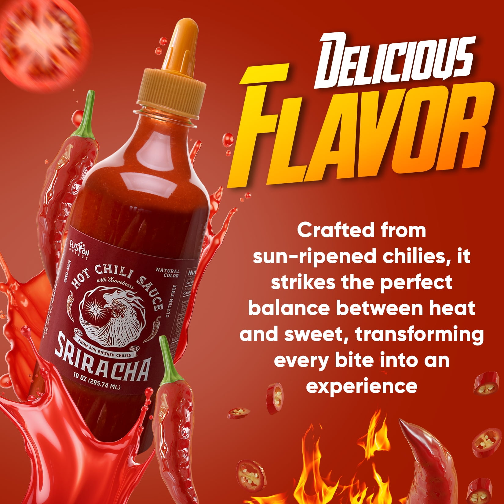 Fusion Select Sriracha Hot Sauce, Gourmet Spicy & Sweet Chili Seasoning for Cooking and Grilling (10 oz) y4414