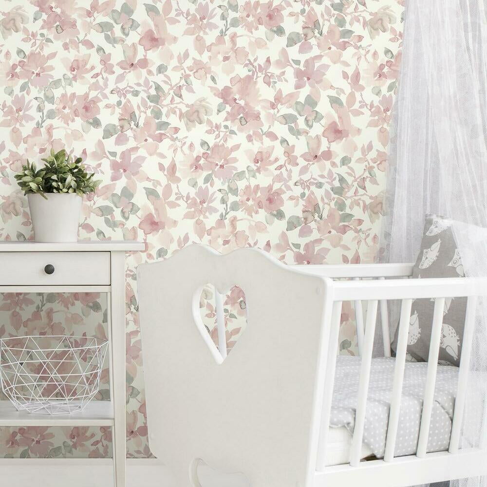 RoomMates Floral Peel and Stick Wallpaper, Removable Self-Adhesive Wall Decor (Light Pink, 28.18 sq ft) 01qoa