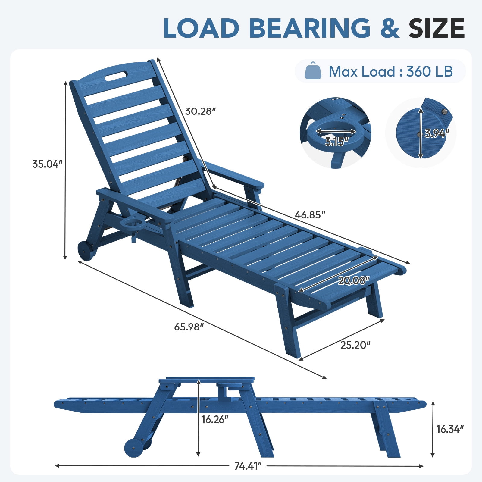 Loyalice Adjustable Wheeled HDPE Outdoor Patio Lounge Chair with Cup Holder (Navy Blue, 78.3 in x 25.1 in x 16.3 in) 2nwno