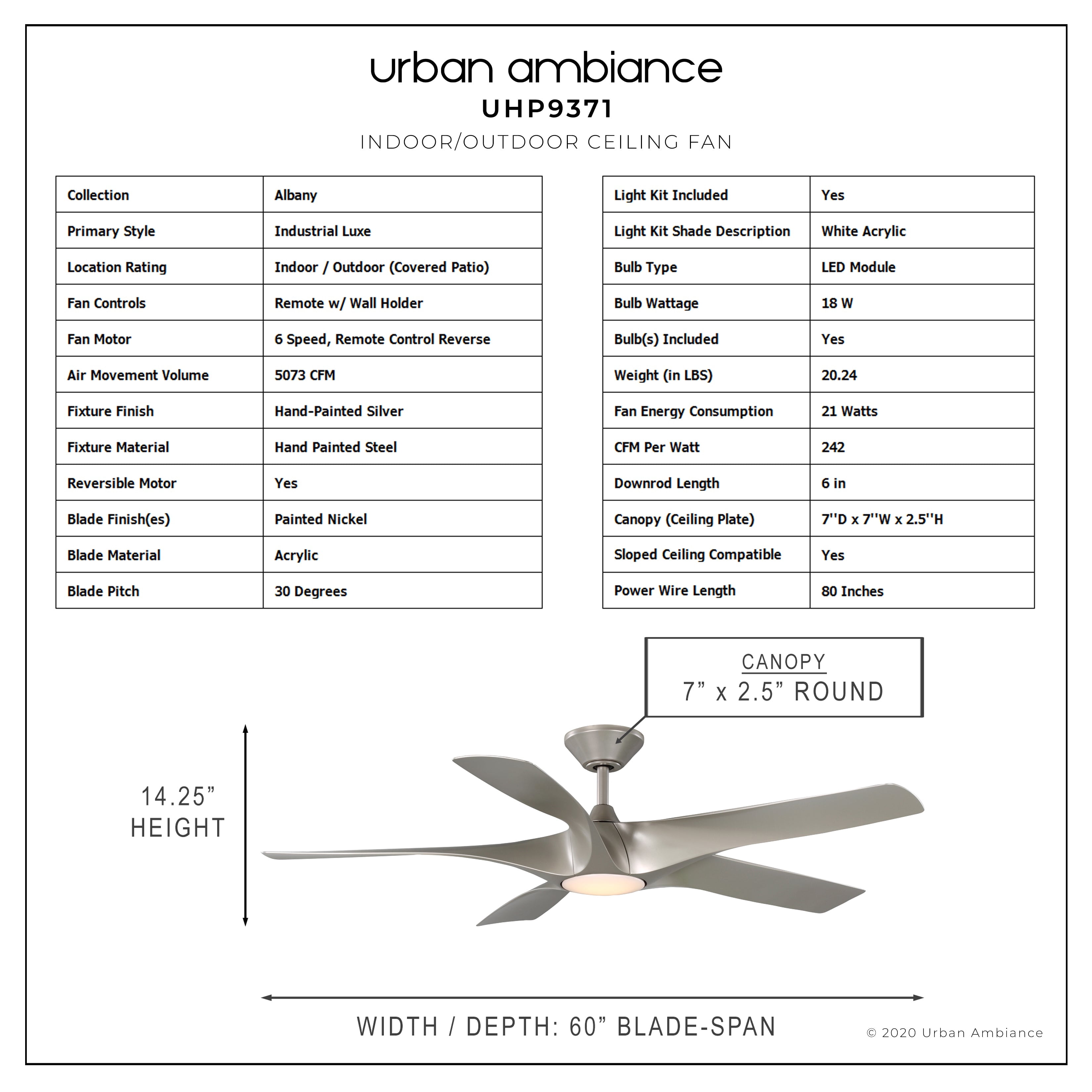 Urban Ambiance Transitional Ceiling Fan with Light Kit, Modern 5-Blade Design (Silver, 60 in) dz1c1